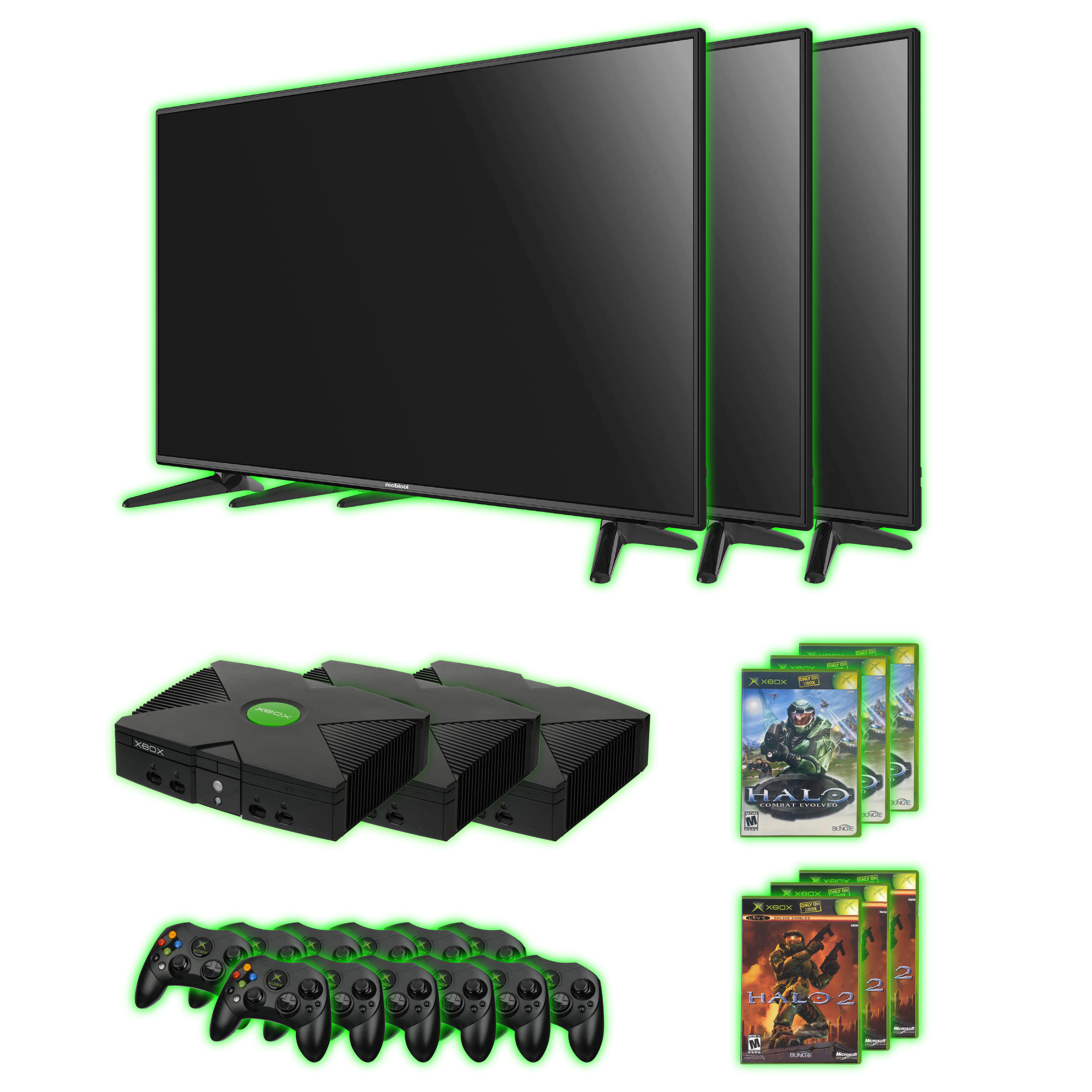 Three black Xbox gaming consoles with green Xbox logos on top, arranged with one above and two below.