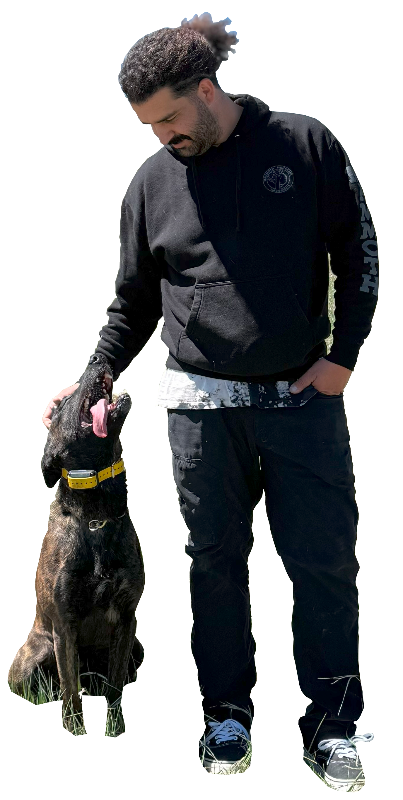 A man with dark hair and a beard wearing a black hoodie and pants, standing outdoors, talking to a black and brown dog with a yellow collar, which is sitting on the grass and licking its lips.