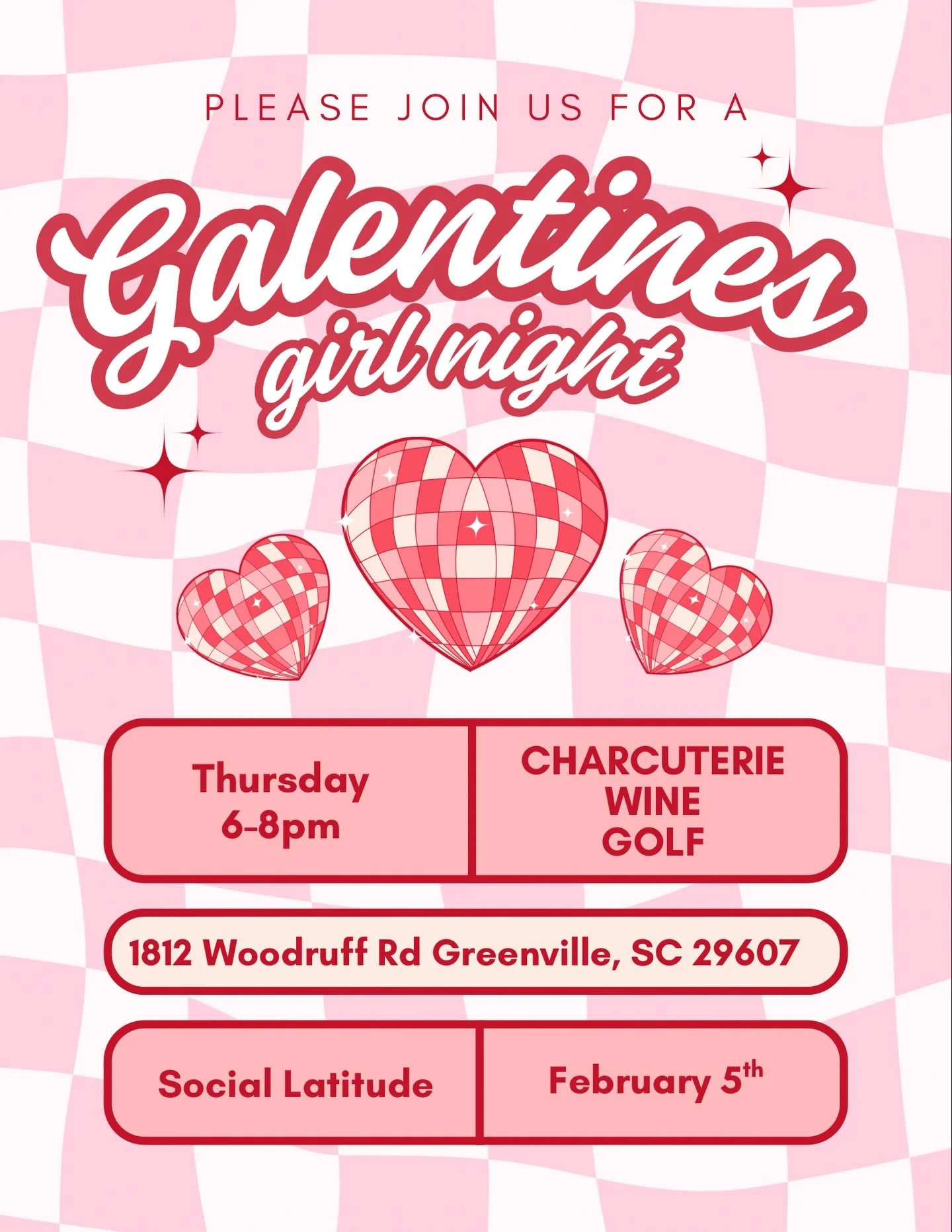 Galentine&rsquo;s > Valentine&rsquo;s ❤️🩷
Dress Theme: Red &amp; Pink 
Charcuterie, wine, and golf with the girls what more could we need?
📍 Social Latitude | 🕕 6&ndash;8pm | 💗 February 5th

Ticket Link in bio 
Send to your girlies ❤️