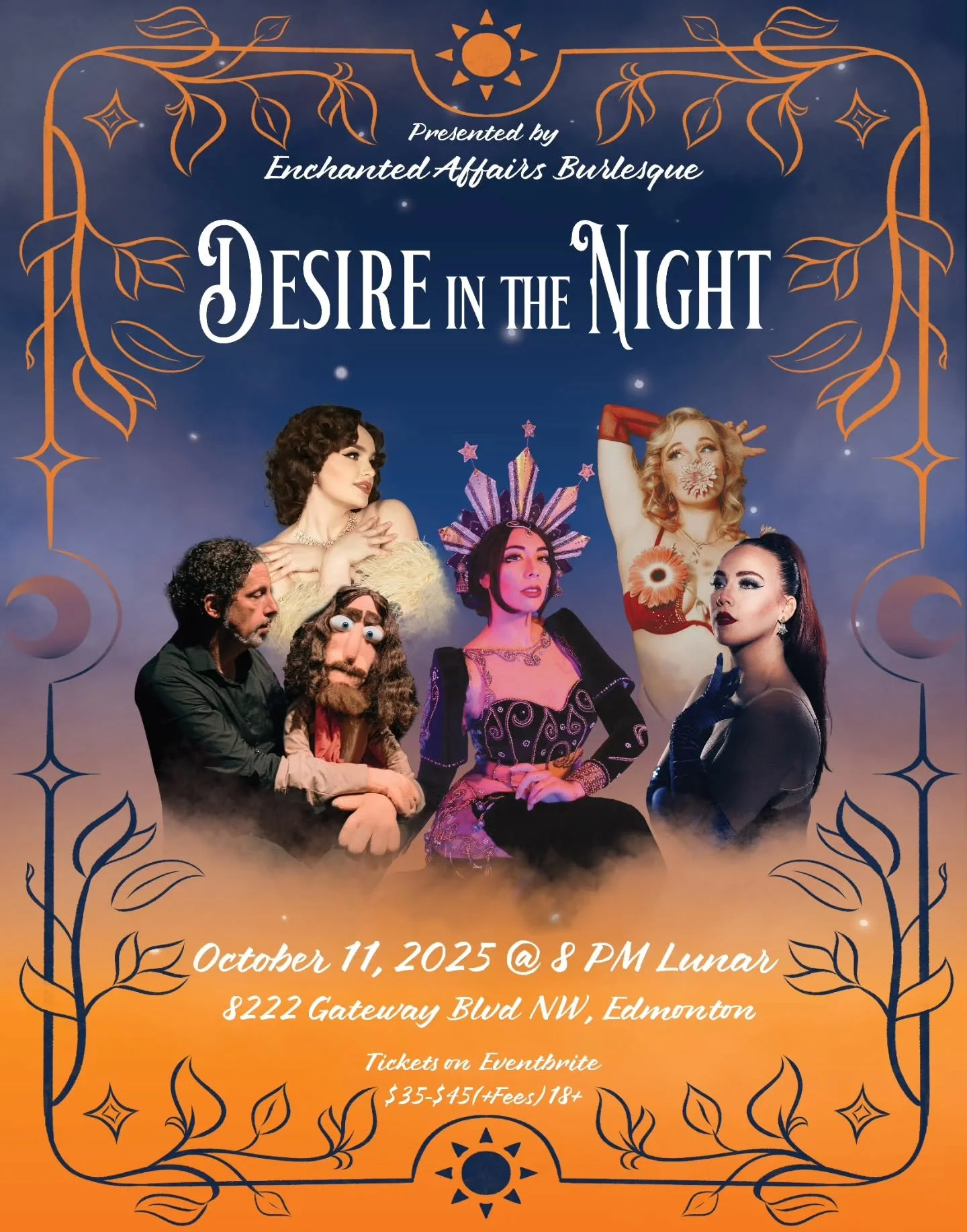 ✨A sultry burlesque show under the stars ✨
As twilight deepens and the veil of night falls, something begins to stir. Desire in the Night is an invitation into a world where fantasy takes center stage, and every glance, curve, and whisper is drippin