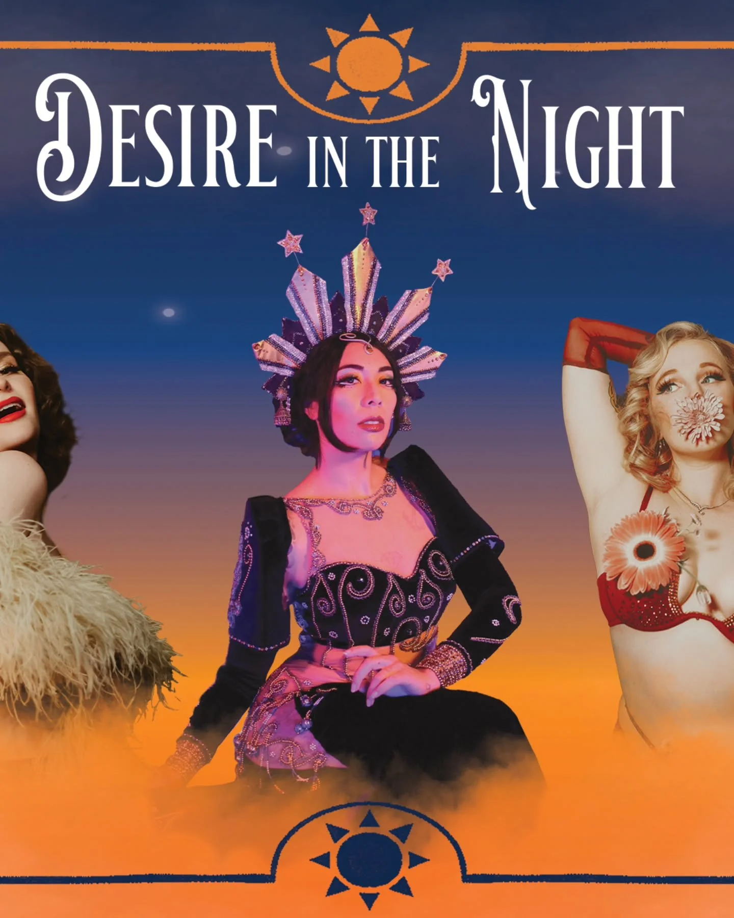 ✨A sultry burlesque show under the stars ✨
As twilight deepens and the veil of night falls, something begins to stir. Desire in the Night is an invitation into a world where fantasy takes center stage, and every glance, curve, and whisper is drippin