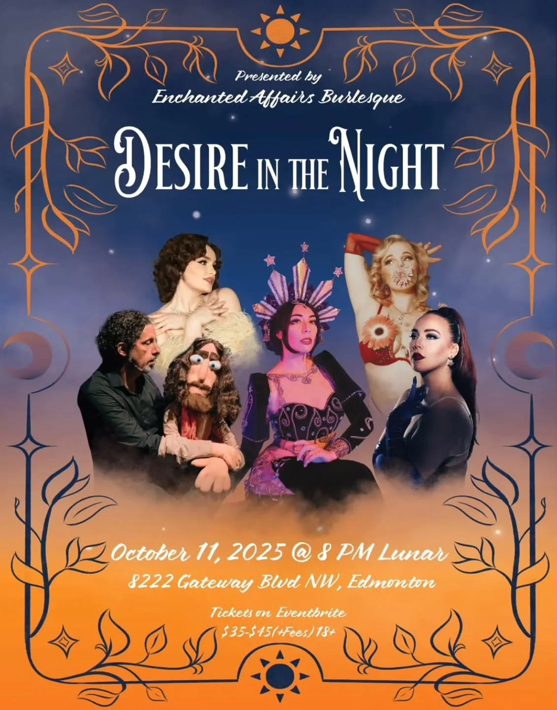 ✨A sultry burlesque show under the stars ✨
As twilight deepens and the veil of night falls, something begins to stir. Desire in the Night is an invitation into a world where fantasy takes center stage, and every glance, curve, and whisper is drippin