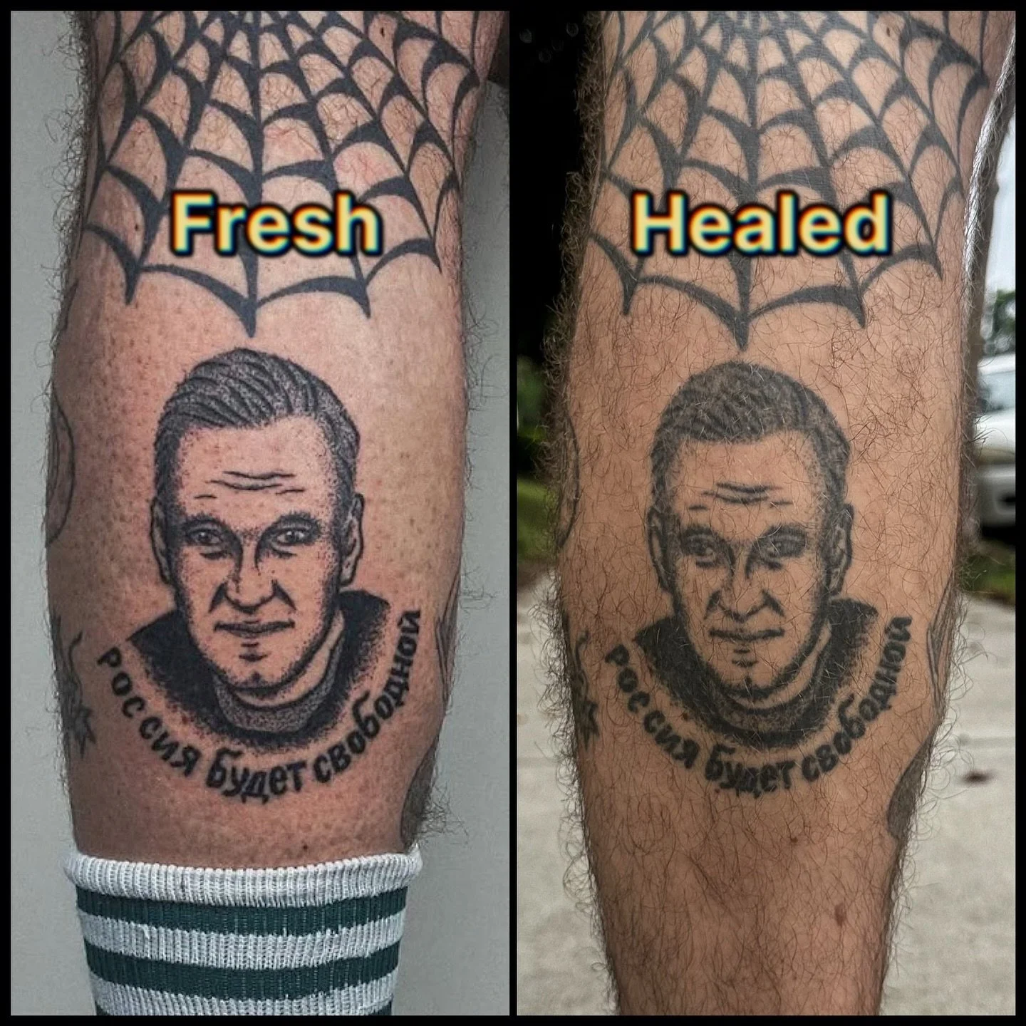 The most dangerous tattoo I&rsquo;ve ever made. Fresh vs 4.5 years healed. 100% hand poked

In January 2021 back in Moscow I hand poked this portrait of Russian opposition leader Alexei Navalny, alongside the words &ldquo;Russia will be free&rdquo; &