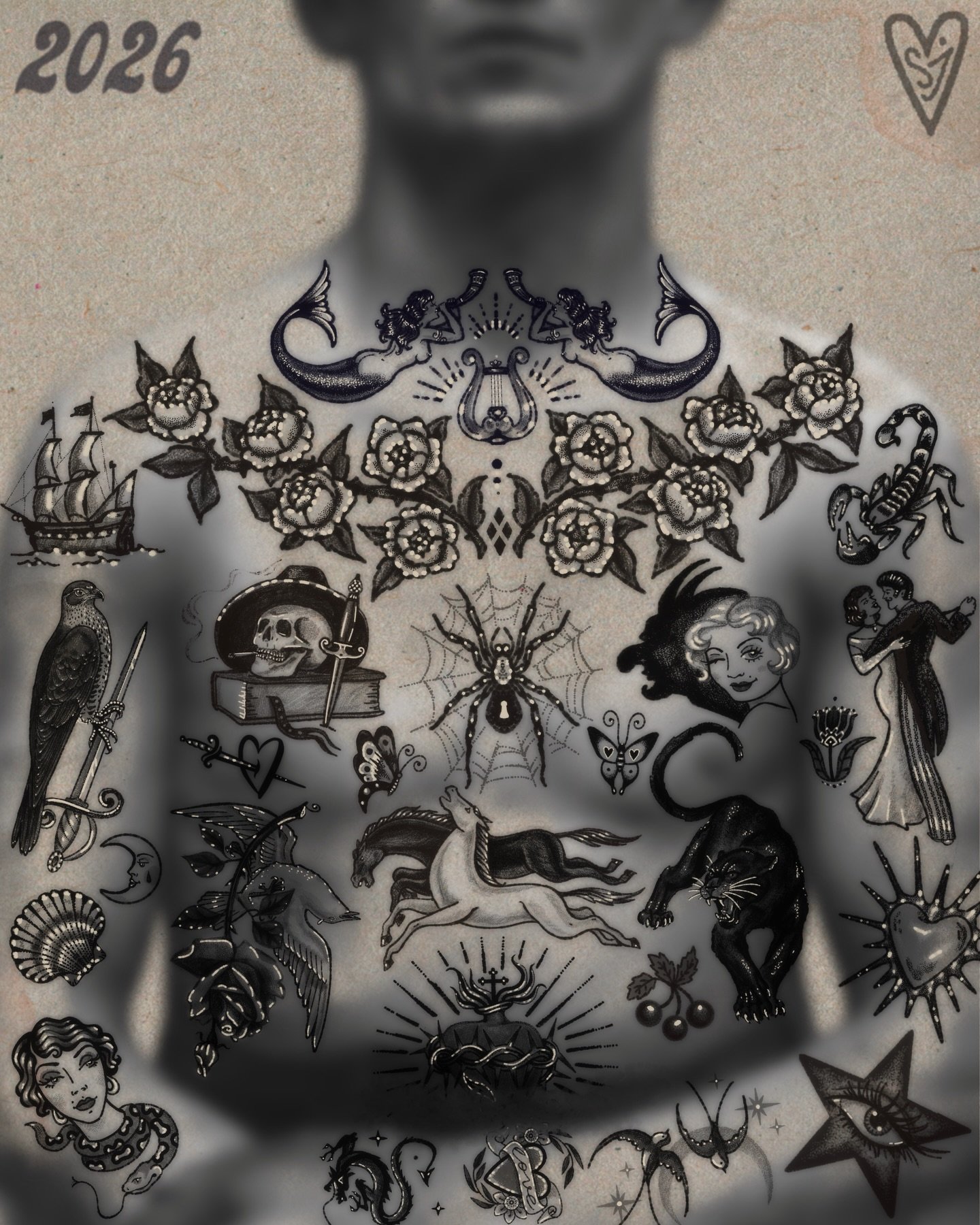 What would you call this aesthetic? 🕸️
This tattoo concept is built entirely from my available flash
and lives somewhere between a dream and nostalgia.

It&rsquo;s designed like a body map:
a mermaid whispering through horns by your ears,
flowers gu