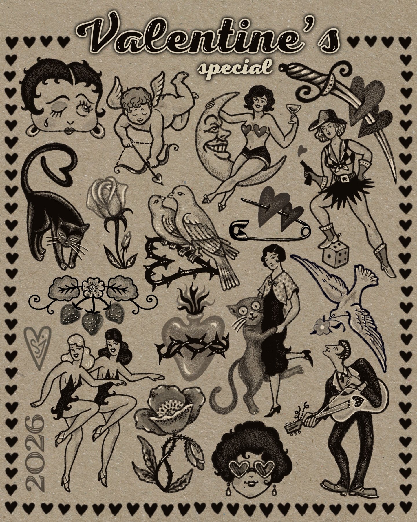 🤍🖤 valentine&rsquo;s flash day &mdash; 2/13 (friday) 11am&ndash;7pm
$200&ndash;400 ▫️flexible sizing
☑️all hand poke
come alone or bring your person
➡️ DM to grab your spot 

vintage romance with a tiny bit of chaos.
the kind of flash that feels li