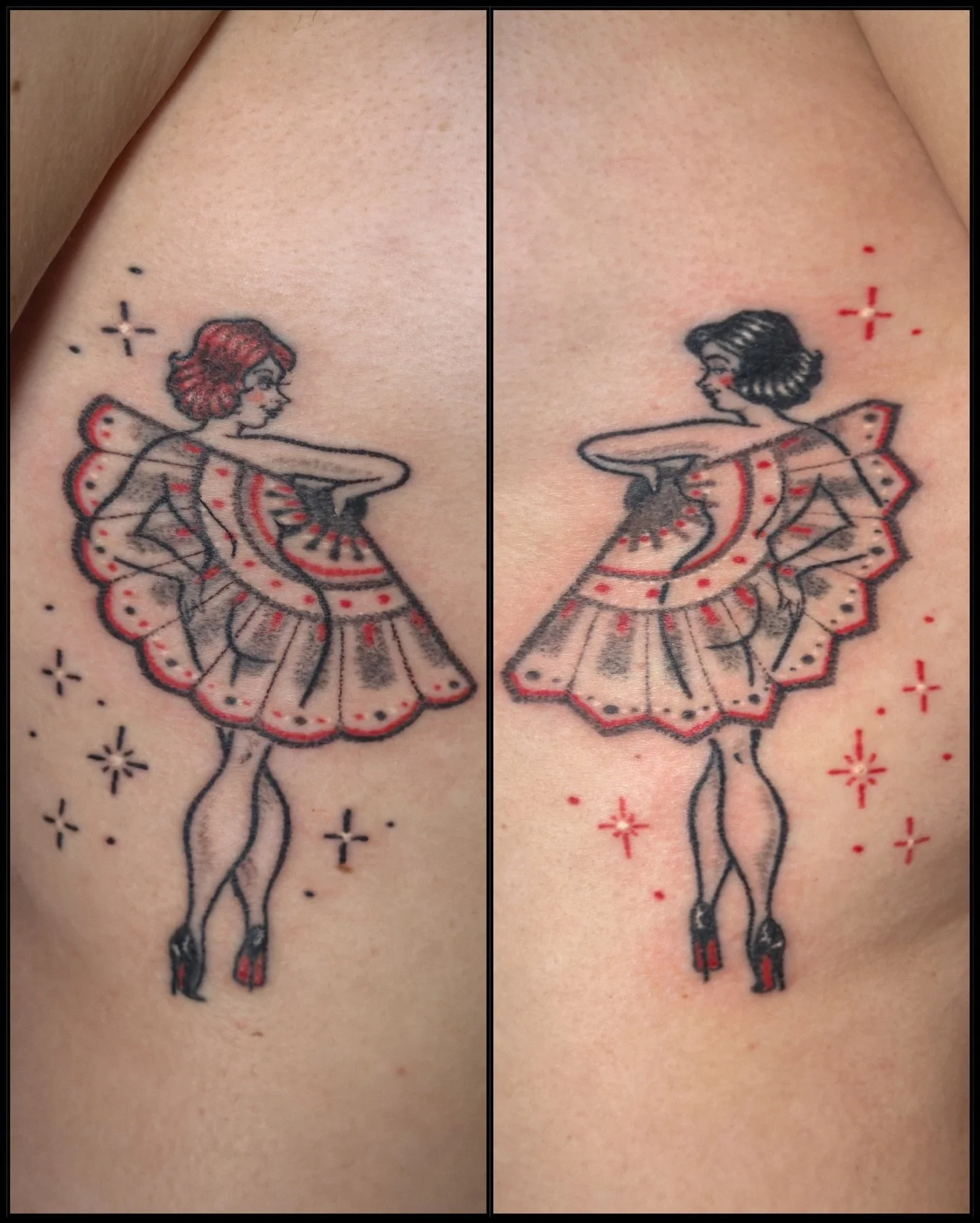 hand poked two little dancers for Scarlett 🤍 which one do you pick?
She came in drawn to one of my burlesque flash pieces, and we turned it into something special just for her &mdash;
a new version, a few details reworked, and touches of red to brin
