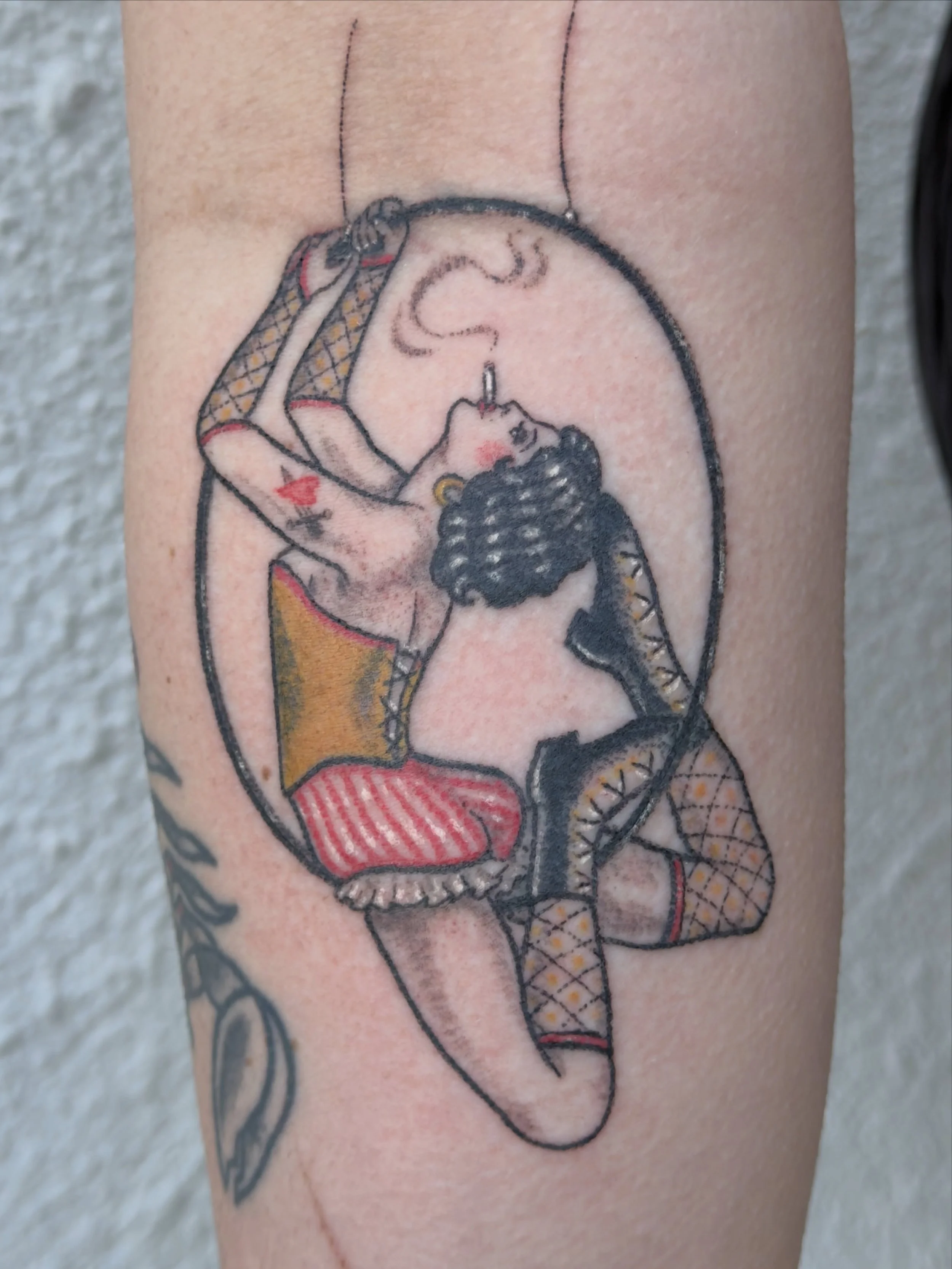 100% hand poked✨ 
what if your &ldquo;classic&rdquo; tattoo had a little more drama?

this aerial performer started from my circus flash &mdash;
but adding color completely shifts the mood. softer, richer, a little more theatrical.

i&rsquo;ve been r