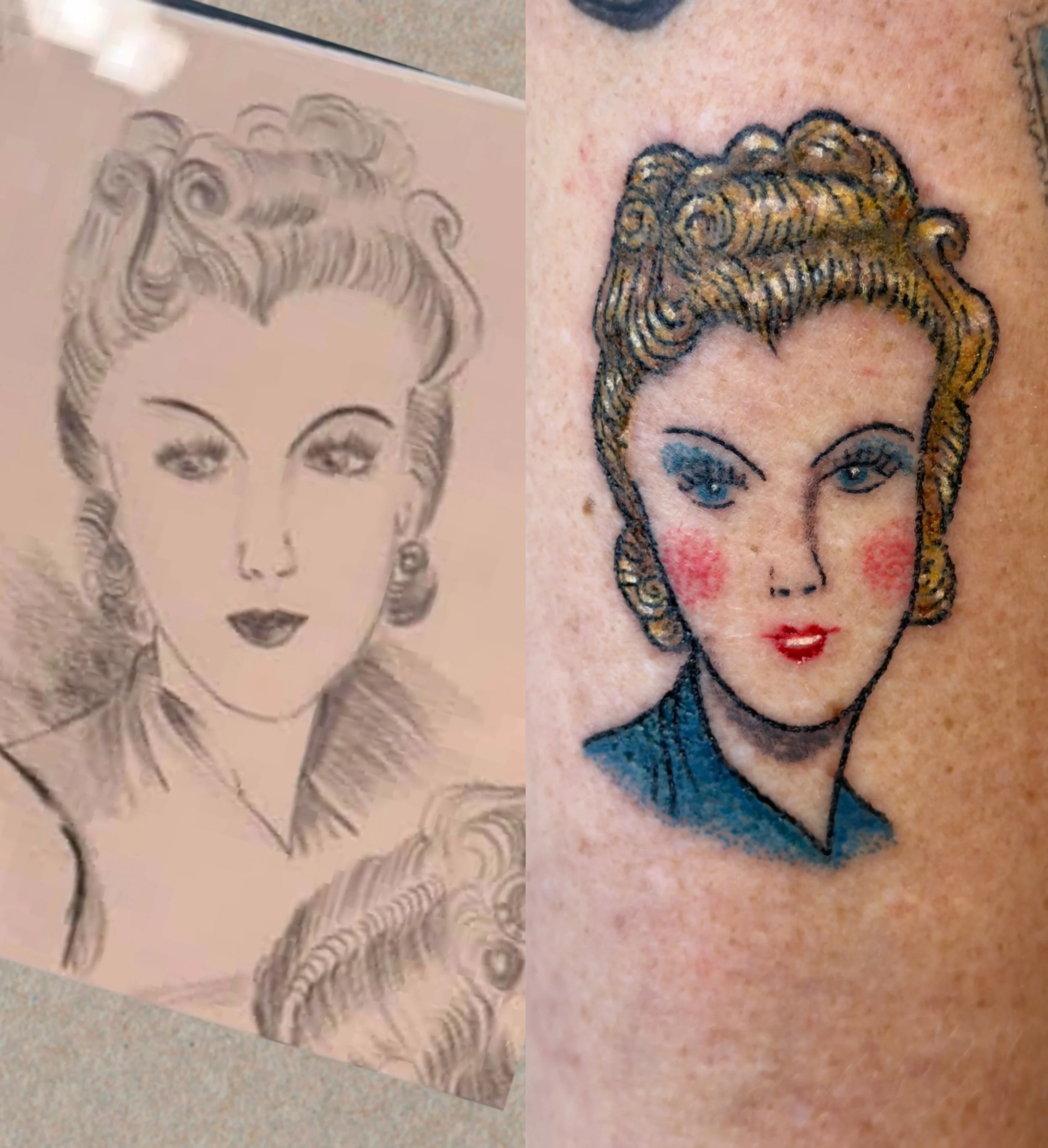 this is why i love tattooing real people and not just repeating the same idea over and over again.

for my returning client kate, we started with a lady head inspired by artwork made by her grandma &mdash; and turned it into something that could live