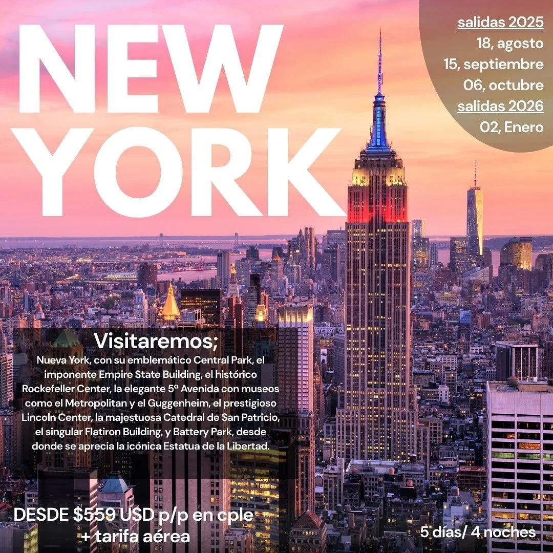 🌆✈️Vive la magia de Nueva York 🇺🇸

Disfruta 5 d&iacute;as / 4 noches explorando la ciudad que nunca duerme. Pasea por Central Park 🌳, admira las vistas desde el Empire State 🏙️ y el Rockefeller Center 🎡, recorre la famosa 5&ordf; Avenida 🛍️, d