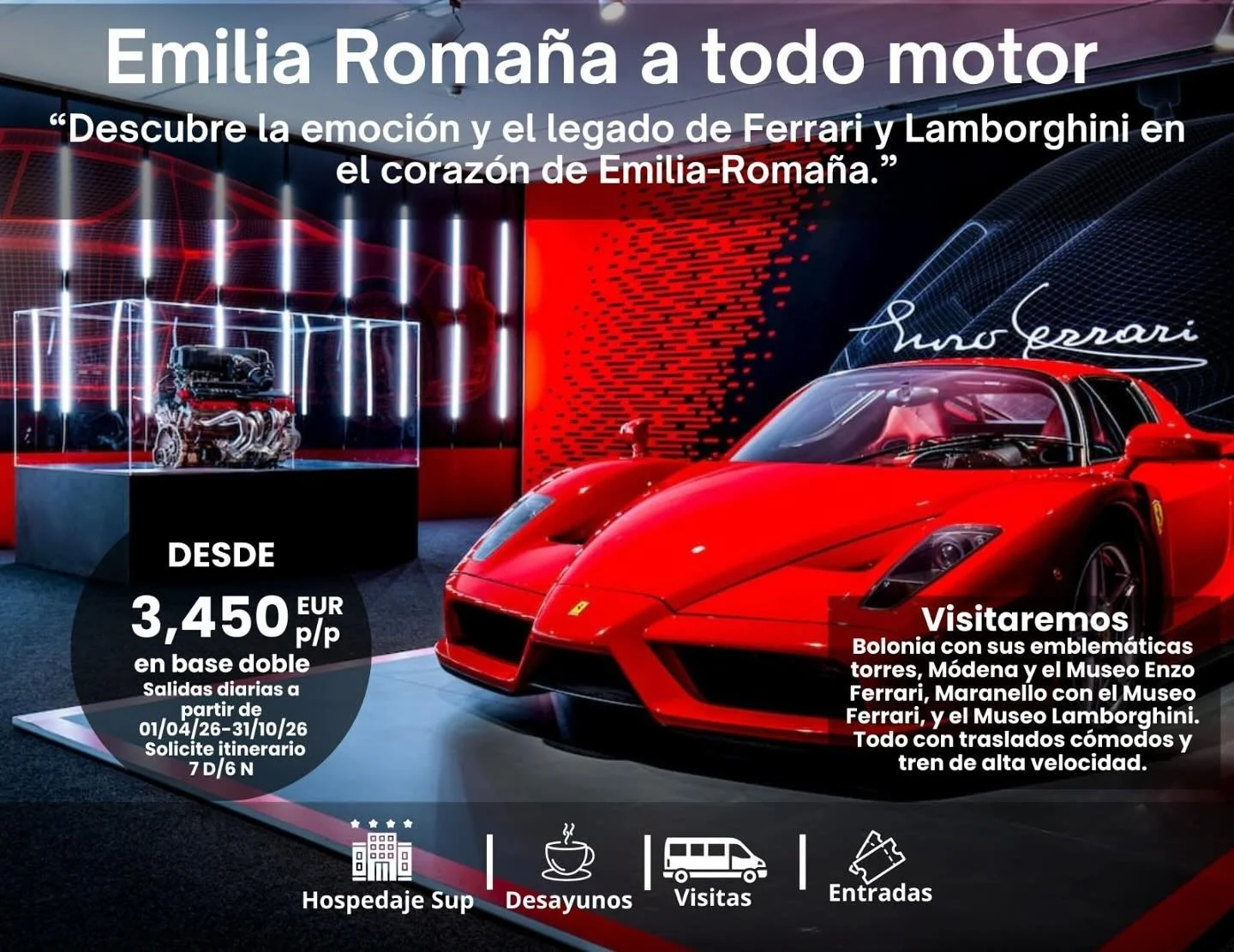 Vive un viaje fascinante por Emilia-Roma&ntilde;a recorriendo Bolonia, M&oacute;dena y Maranello. Descubre el encanto hist&oacute;rico de Bolonia, explora en M&oacute;dena el Museo Enzo Ferrari y el Museo Lamborghini, donde la innovaci&oacute;n y el 