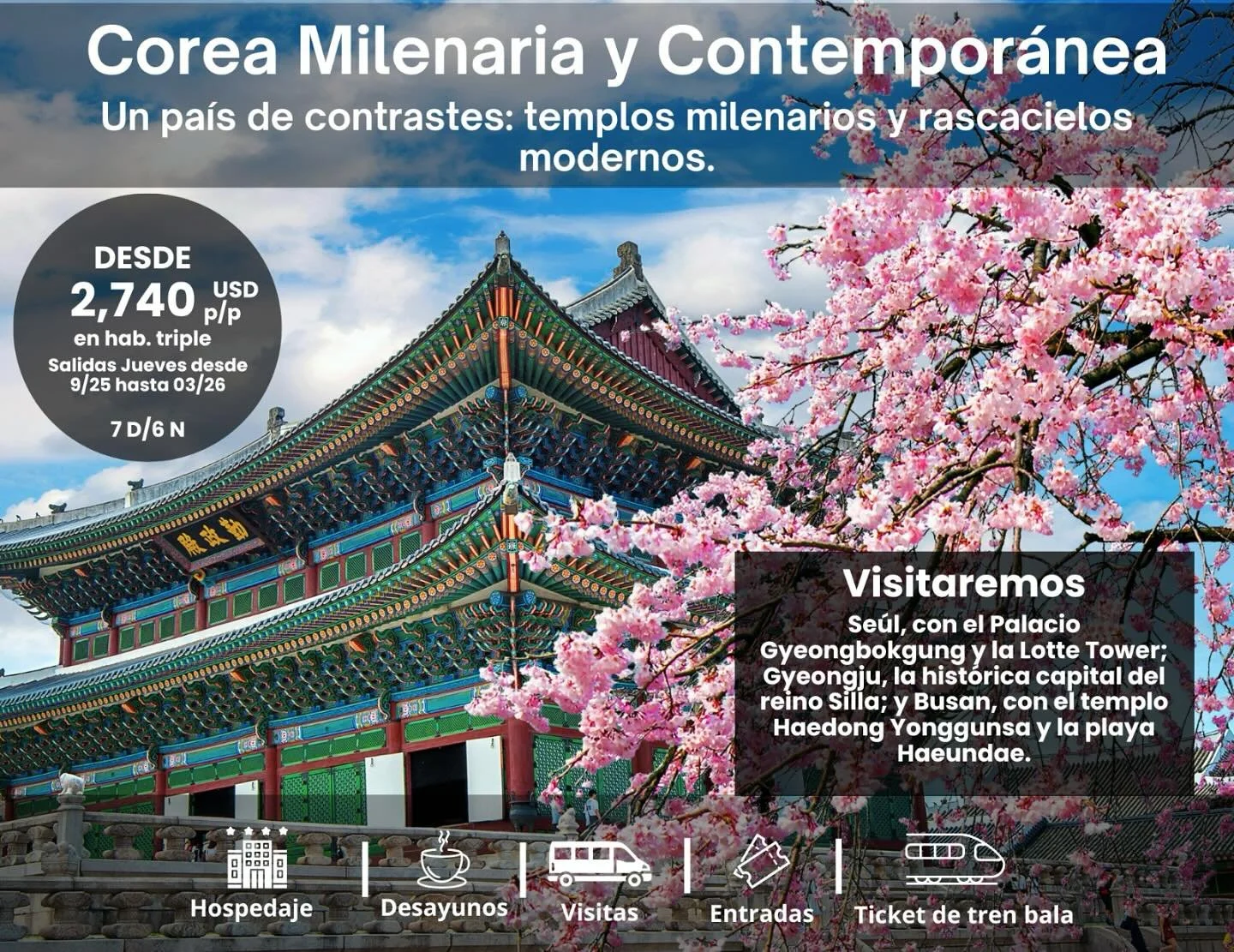 🌸 Corea Milenaria y Contempor&aacute;nea🌸
Descubre un pa&iacute;s de contrastes: desde templos milenarios hasta rascacielos modernos. Vive la experiencia de recorrer Se&uacute;l con el majestuoso Palacio Gyeongbokgung y la ic&oacute;nica Lotte Towe