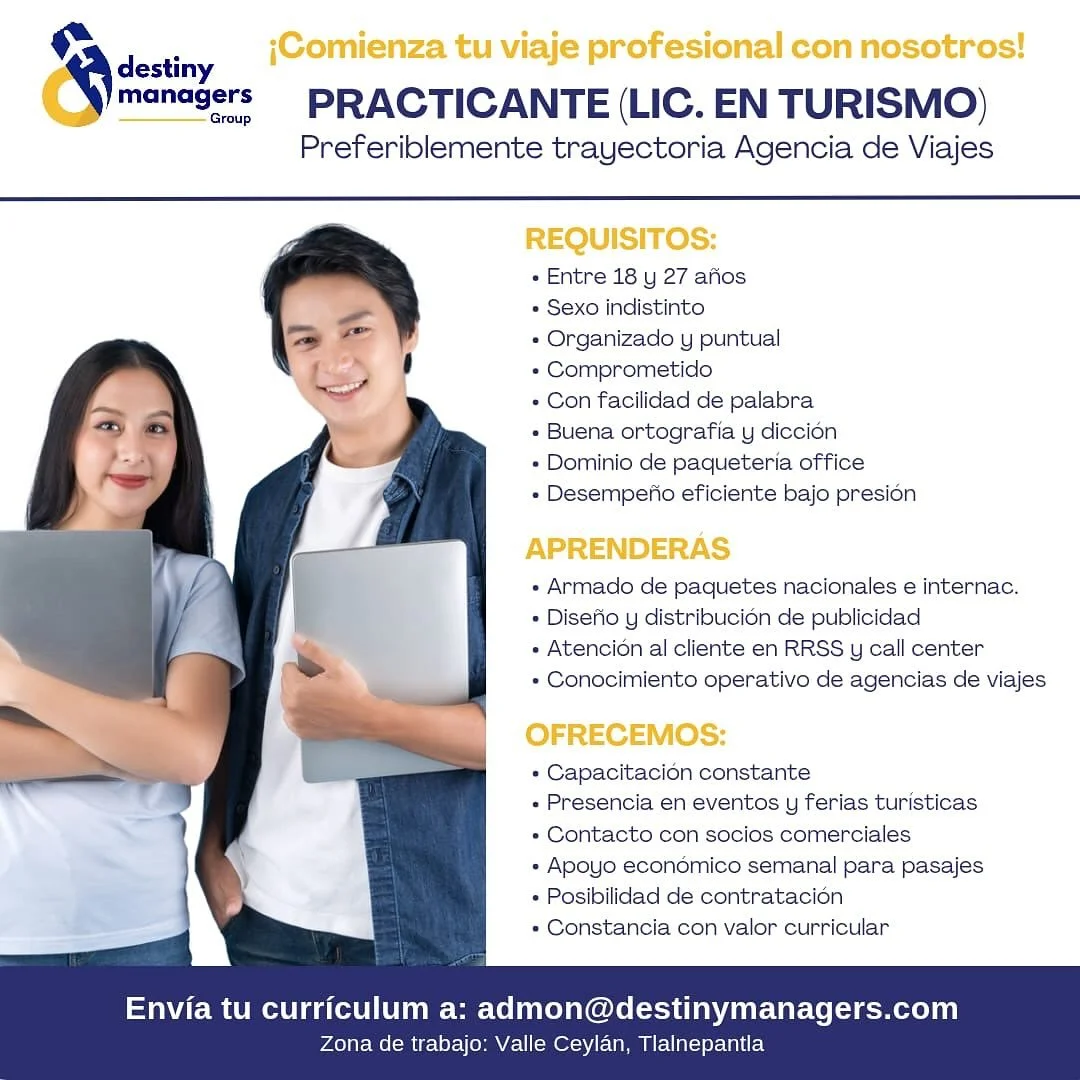 📢 Convocatoria para universidades y &aacute;reas de vinculaci&oacute;n acad&eacute;mica

🎓 En Destiny Managers Group, agencia especializada en el sector tur&iacute;stico internacional, abrimos espacio para practicantes de la Licenciatura en Turismo