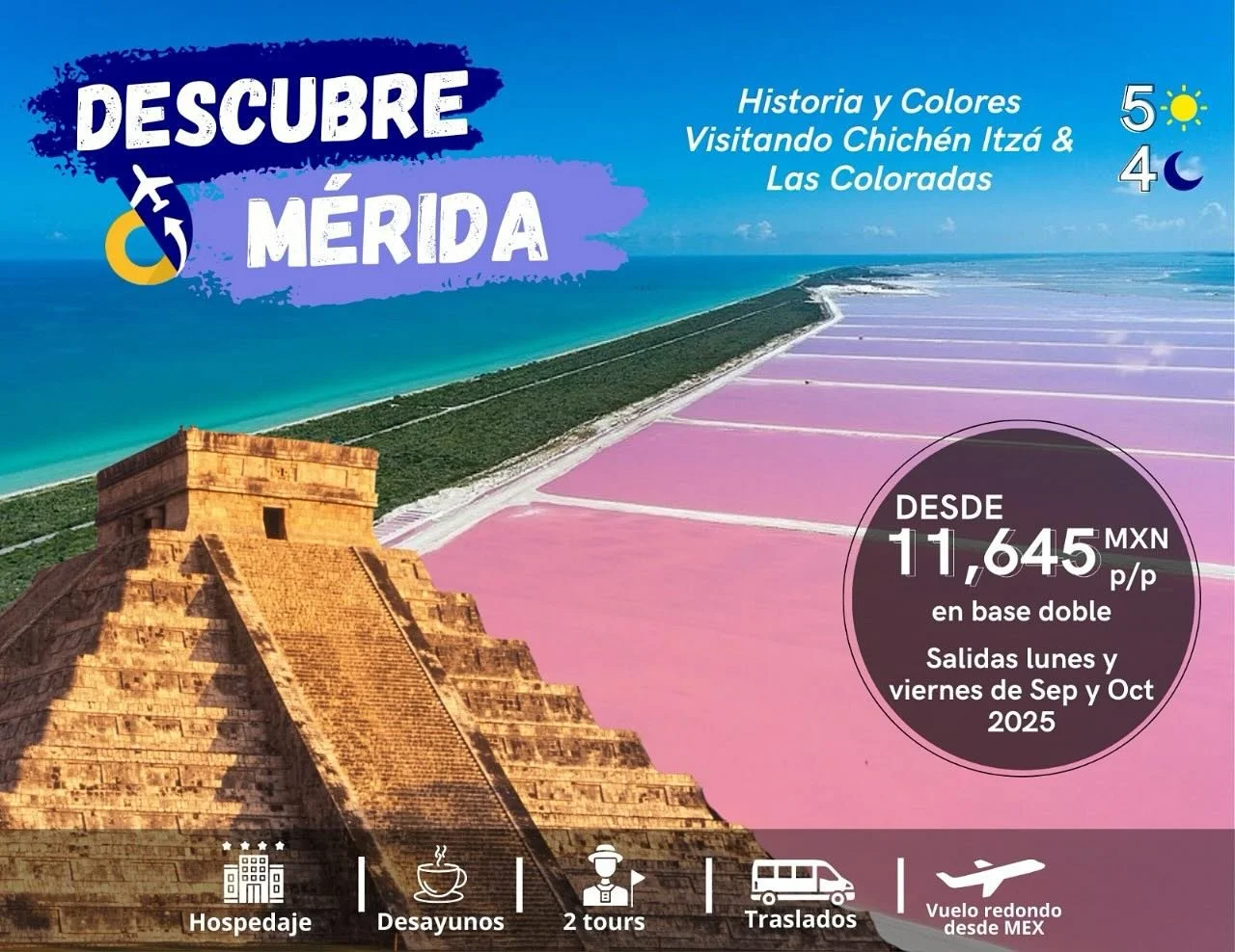 ✨🏝️ &iexcl;Descubre los colores y la historia de M&eacute;rida! ✨🏝️
Explora Chich&eacute;n Itz&aacute; 🏯 y la magia de Las Coloradas 💖🌊

📆 Salidas lunes y viernes en septiembre y octubre 2025
💵 Desde $11,645 MXN p/p en base doble
*Precio consi