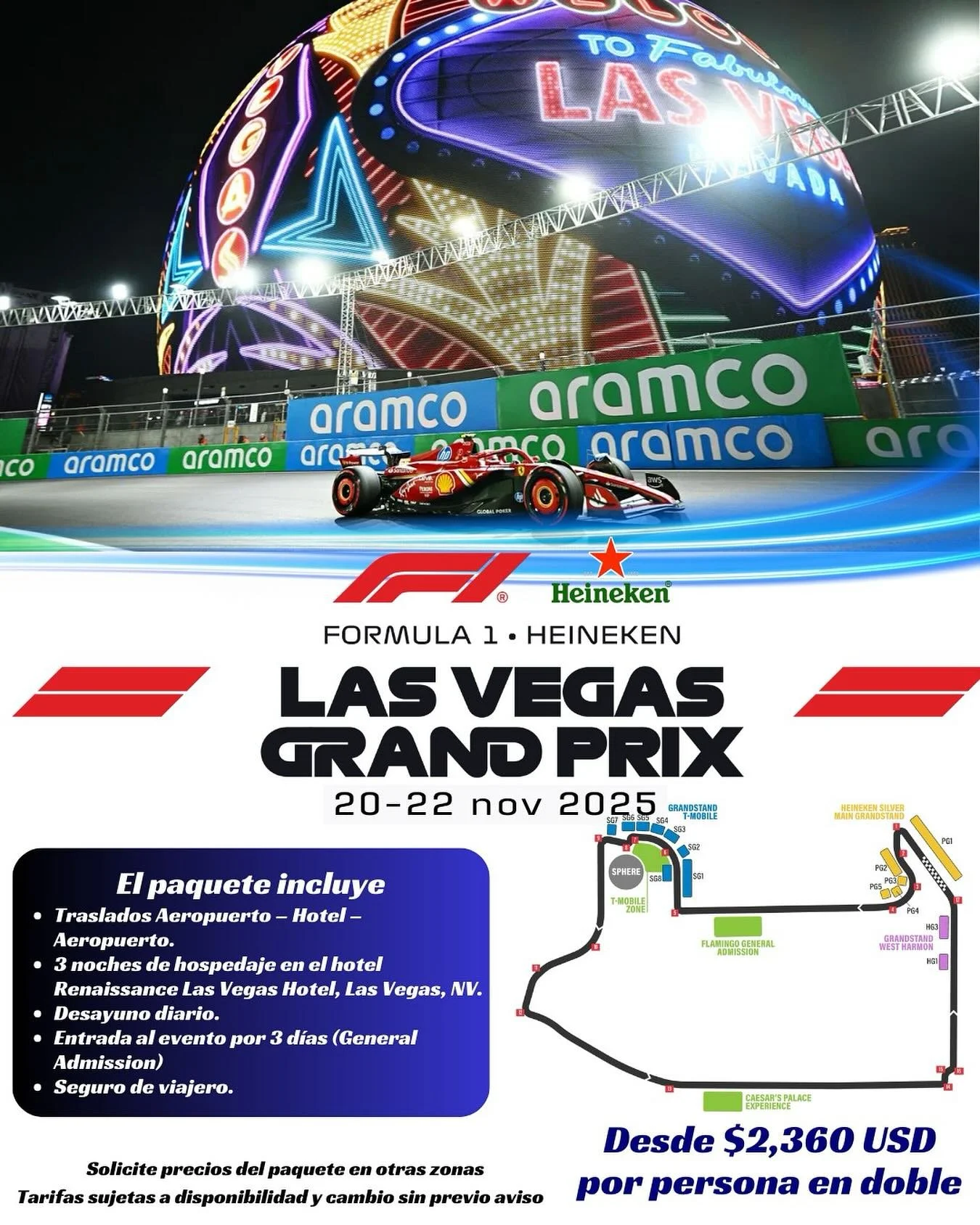 🔥🏎️ &iexcl;La adrenalina de la F1 en Las Vegas te espera! 🏁🎰
Vive la velocidad bajo las luces de la ciudad que nunca duerme 🌃✨

📅 *paquete del 20 al 23 de noviembre 2025*
Incluye:
✅ 3 noches de hospedaje con desayuno
✅ Traslados aeropuerto-hote
