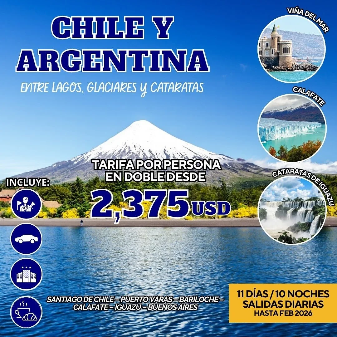🌎✨ &iexcl;Viaja por Sudam&eacute;rica con estos incre&iacute;bles paquetes tur&iacute;sticos! ✨
Salidas diarias hasta febrero 2026. disfruta de lo mejor de Argentina, Chile, Brasil y Uruguay. &iexcl;Elige tu aventura ideal!

🇦🇷 Descubre Argentina
