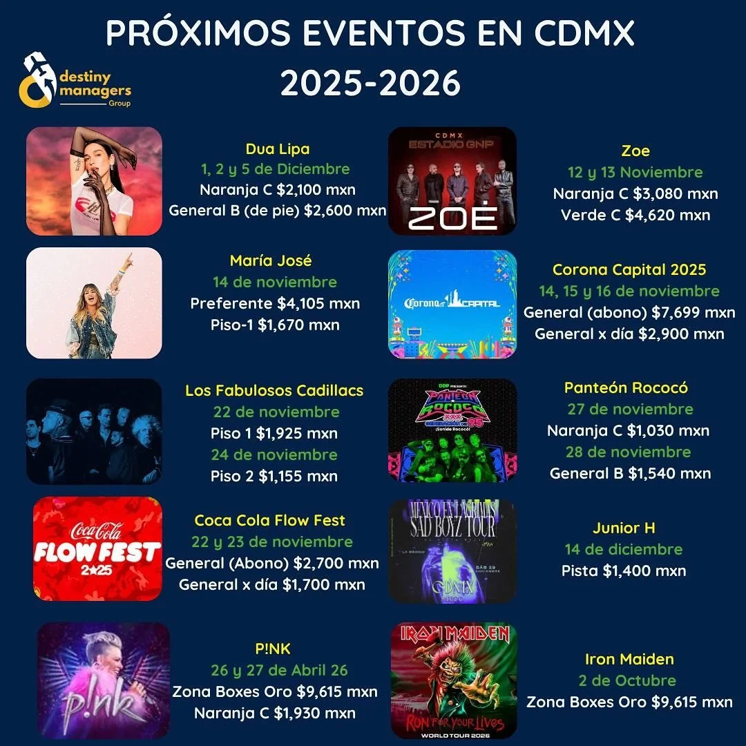 🎶 &iexcl;La CDMX se llena de m&uacute;sica y noches inolvidables 🎤✨

Prep&aacute;rate para vivir noches inolvidables, llenas de energ&iacute;a, luces y buena vibra. Los escenarios m&aacute;s importantes de la ciudad se transformar&aacute;n para rec