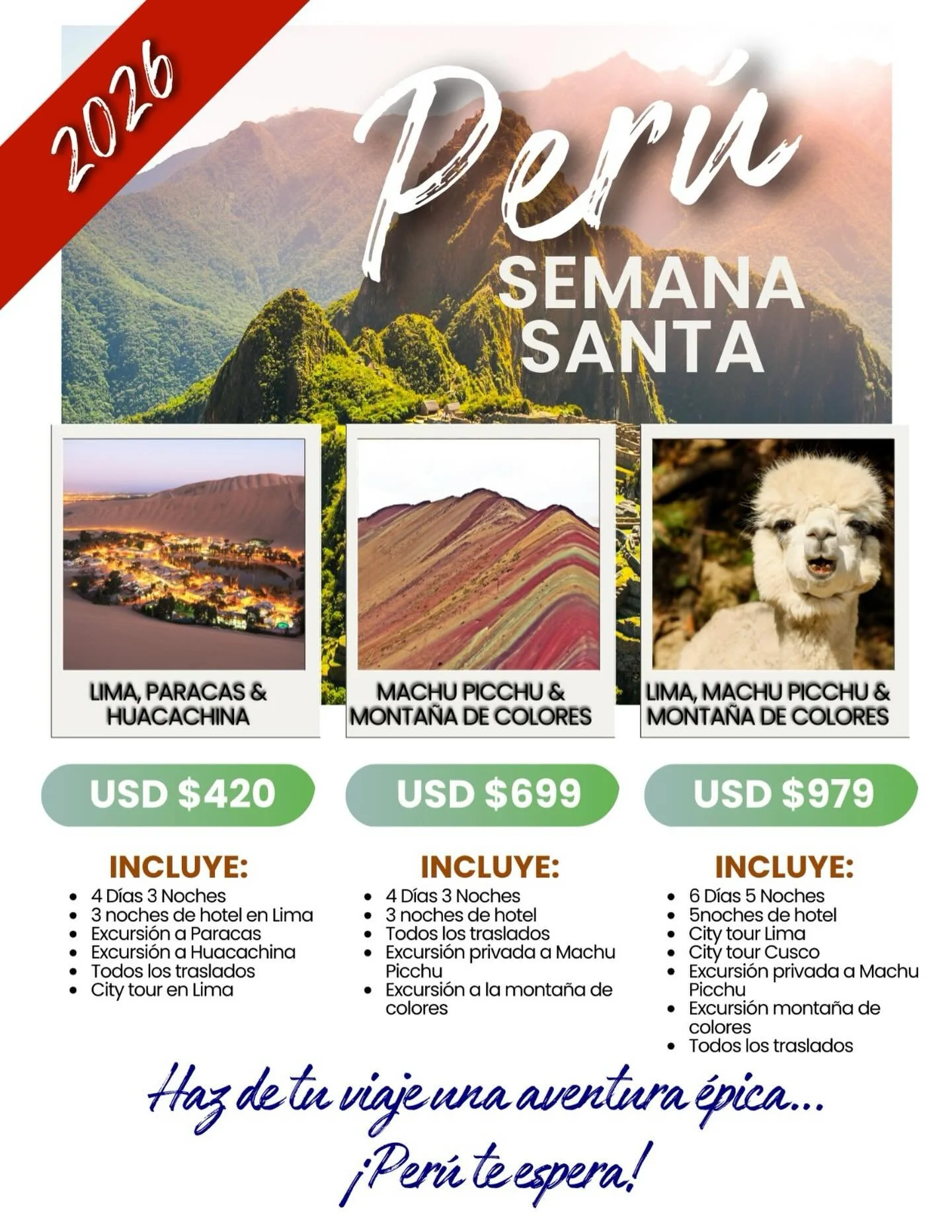🇵🇪 &iexcl;Per&uacute; 2026 te est&aacute; esperando! 📅
✨ Atr&eacute;vete a conocer una de las maravillas del mundo ✨
Respira historia en Machu Picchu, siente la magia del Cusco
y vive el desierto de Huacachina como nunca antes 🏜️
&iexcl;Haz que t