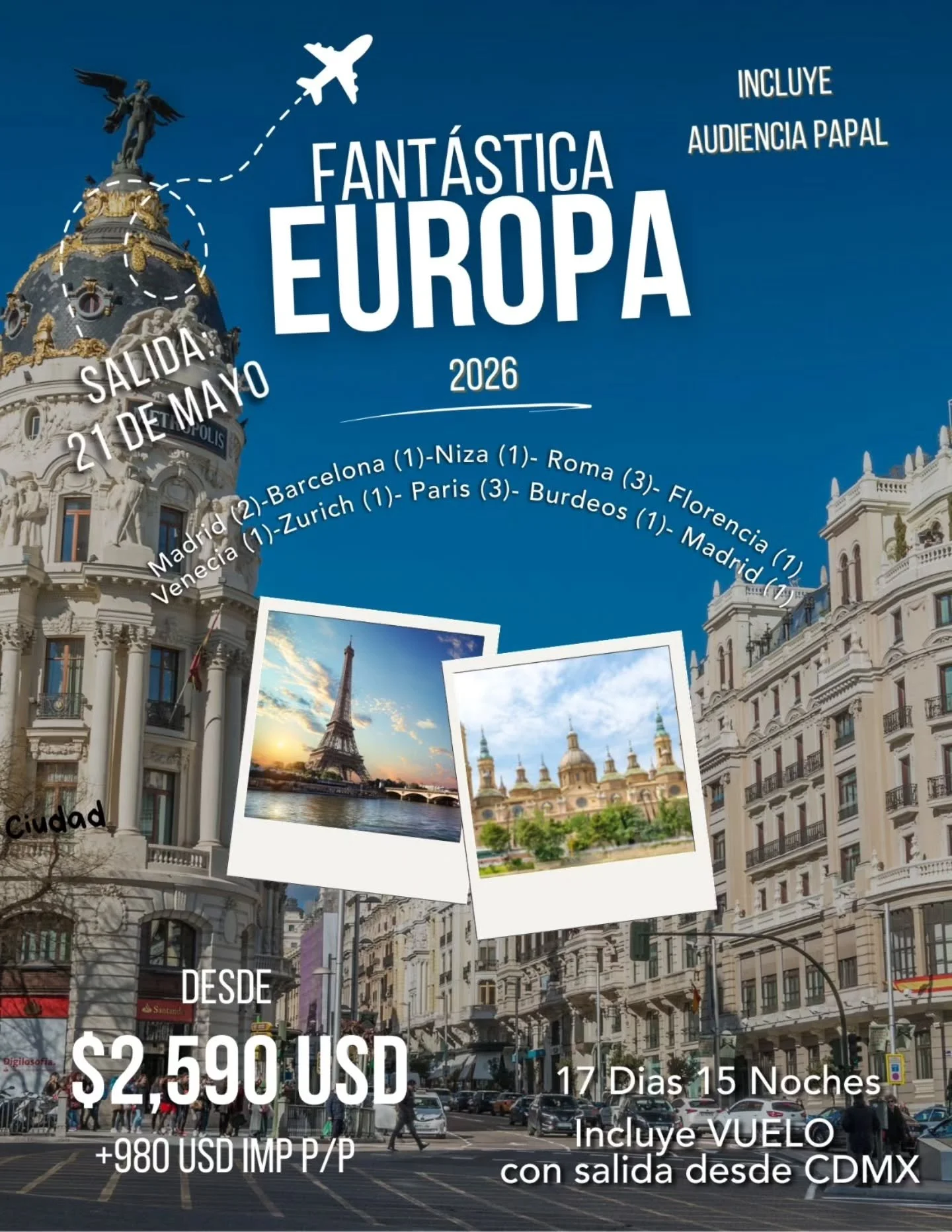 &iquest;Ya conocen nuestros incre&iacute;bles bloqueos exclusivos?

🇪🇸🇫🇷🇨🇭🇦🇹🇮🇹
Eurotrip por Espa&ntilde;a, Francia, Suiza, Austria e Italia
🗓️ 15 noches recorriendo el coraz&oacute;n de Europa
📍Ruta completa Madrid &ndash; Madrid
🎢 Inclu