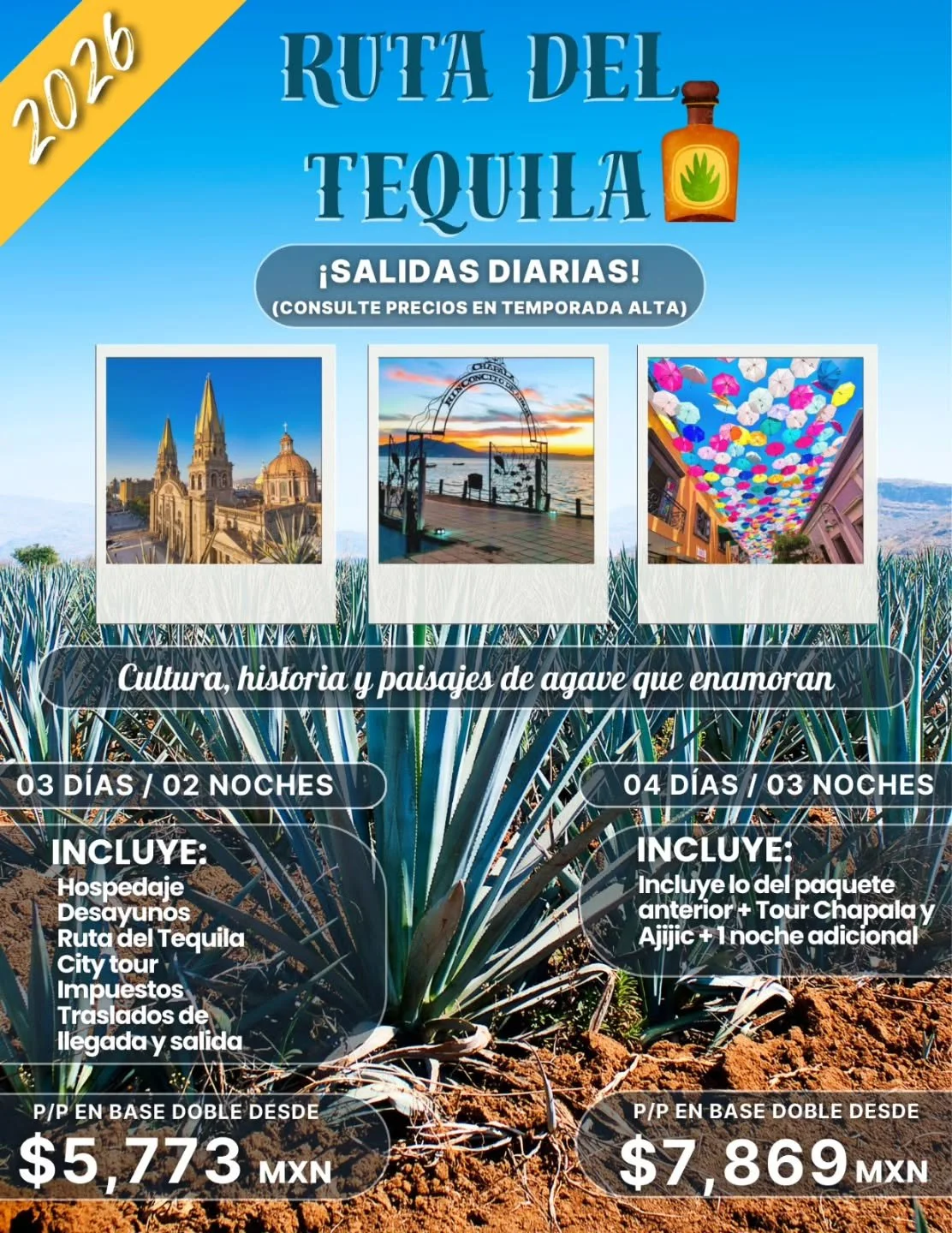✨🥃 &iexcl;Vive la magia de Tequila! 🥃✨
D&eacute;jate enamorar por los campos de agave, la tradici&oacute;n mexicana y el sabor que le dio identidad a M&eacute;xico 🇲🇽🌵

📅 Salidas diarias desde Guadalajara (Consulta precios en temporada alta)

✨