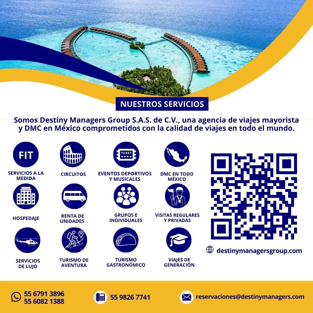 🚀 Impulsa tus ventas con un aliado estrat&eacute;gico en turismo

En Destiny Managers Group somos agencia mayorista y DMC en M&eacute;xico, especializados en brindar soluciones integrales para agencias de viajes, tour operadores y organizadores de e