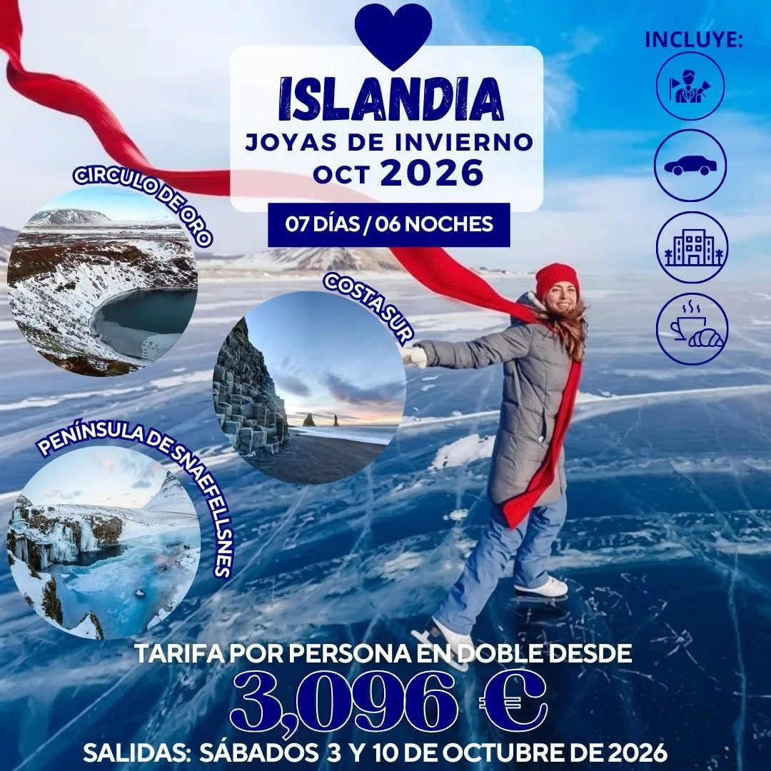 ❄️ ISLANDIA 2026: Vive la magia del invierno 🇮🇸

Descubre paisajes &uacute;nicos entre glaciares, volcanes y auroras boreales en uno de los destinos m&aacute;s espectaculares del mundo.

✨ Programas disponibles:
&bull; Joyas de Invierno &ndash; Oct