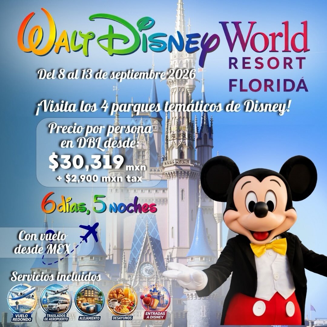 🌟🎢 &iexcl;VIVE LA MAGIA DE DISNEY! 🏰✨
✨ _Vive momentos m&aacute;gicos, conoce a tus personajes favoritos y crea recuerdos inolvidables_ 💖
📍 Walt Disney World Resort, Florida 🇺🇸
📅 Del 8 al 13 de septiembre 2026

💫 &iexcl;Visita los 4 parques 