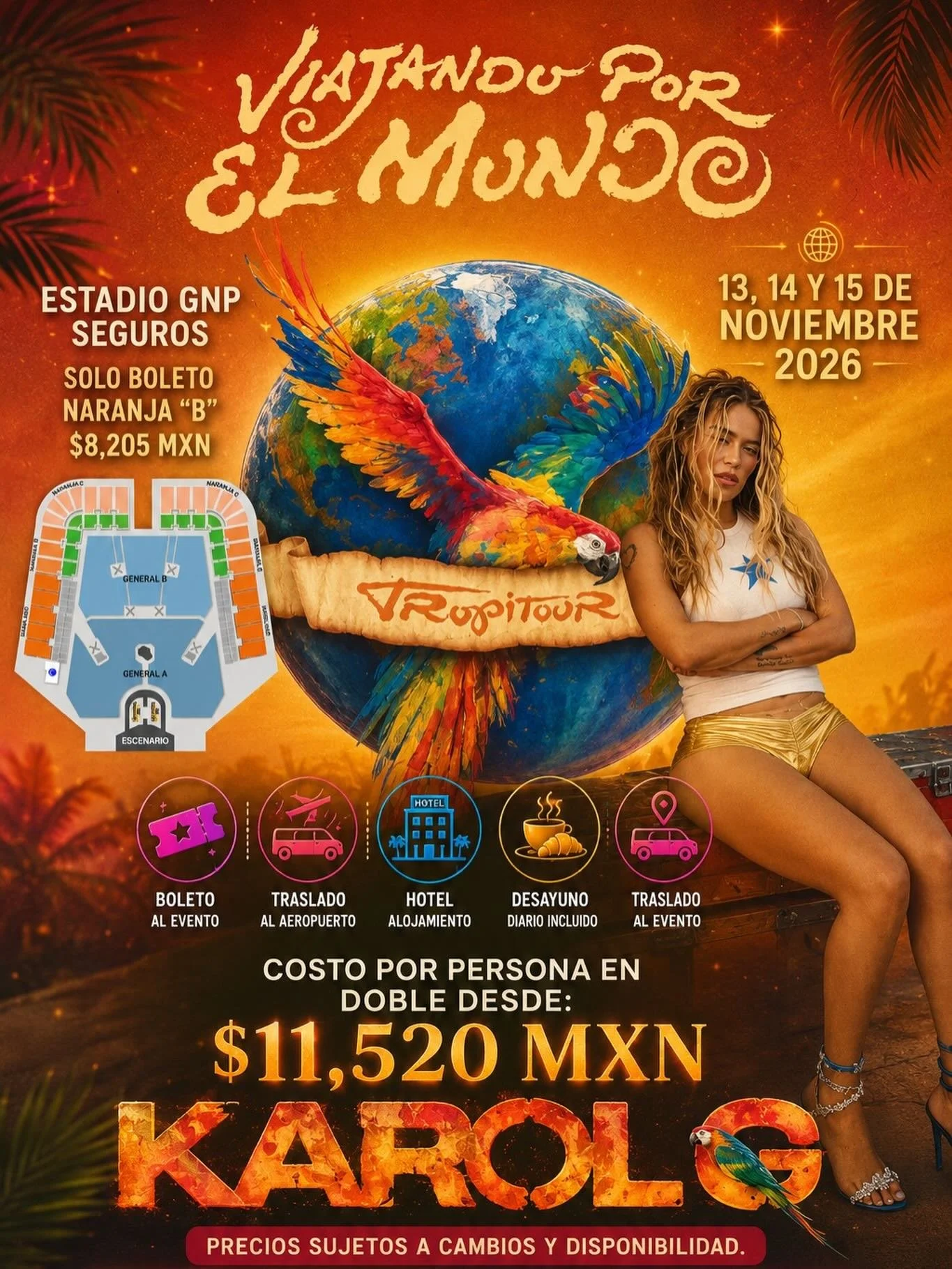 🌎✈️ &iexcl;VIAJANDO POR EL MUNDO con KAROL G! 💖🔥

&iquest;List@ para vivir una experiencia inolvidable en CDMX? 🎤✨
Tu cliente podr&aacute; disfrutar de KAROL G en nuestro paquete del 14 al 15 de noviembre 2026 en el Estadio GNP Seguros 🎶

🎟️ EL