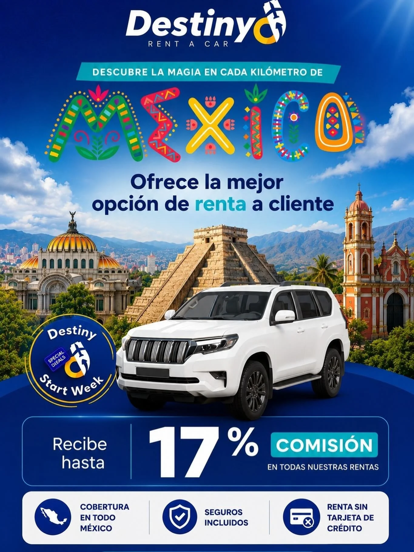 🚗✨ Descubre la magia de cada kil&oacute;metro de M&eacute;xico con Destiny Rent a Car 🇲🇽

Ofrece a tus clientes la mejor opci&oacute;n de renta de autos en todo M&eacute;xico y gana hasta *17% de comisi&oacute;n* en cada renta. 💰

✅ Seguros inclu