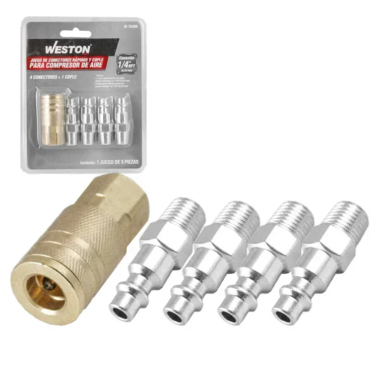 JUEGO DE 4 CONECTORES RAPIDOS Y 1 COPLE PARA COMPRESOR DE AIRE 1/4'' / WESTON