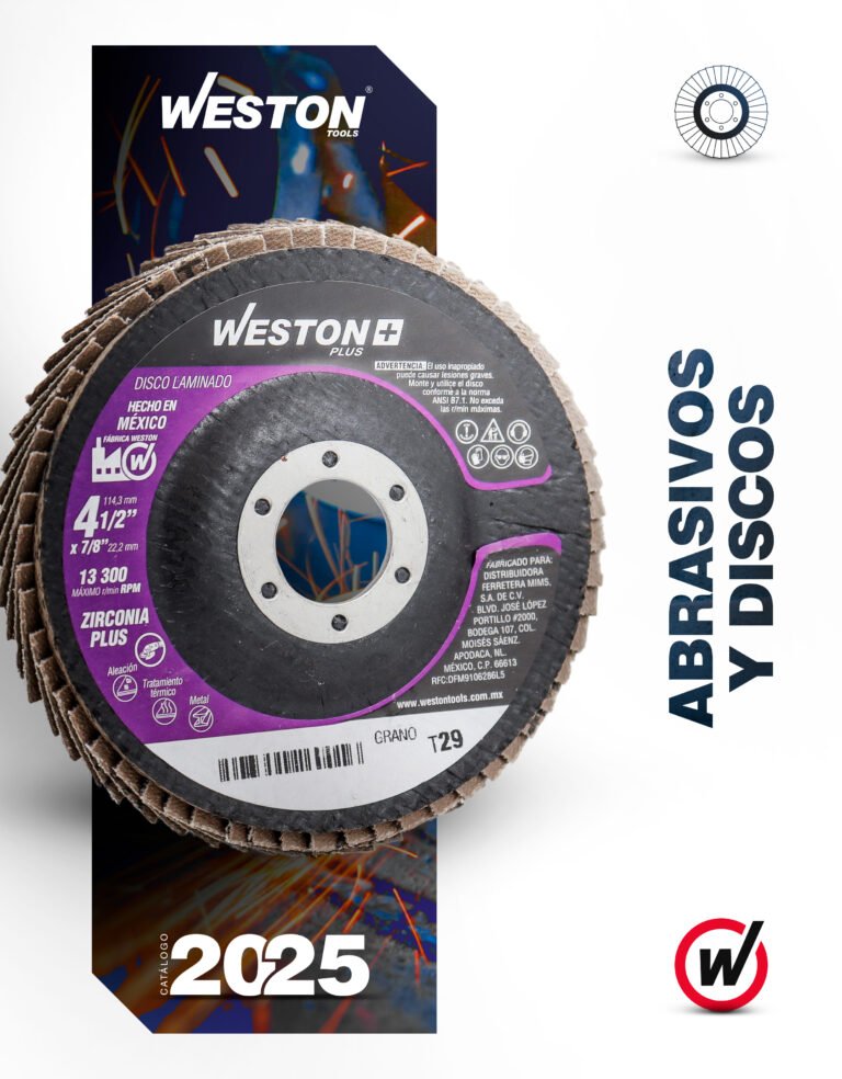 Lija abrasiva de discos con etiquetado en español, marca Weston, tamaño de 4.5 pulgadas, indicada para metales y cerámicas, en color negro y rosa, con información de fabricación en México y requisitos de seguridad.