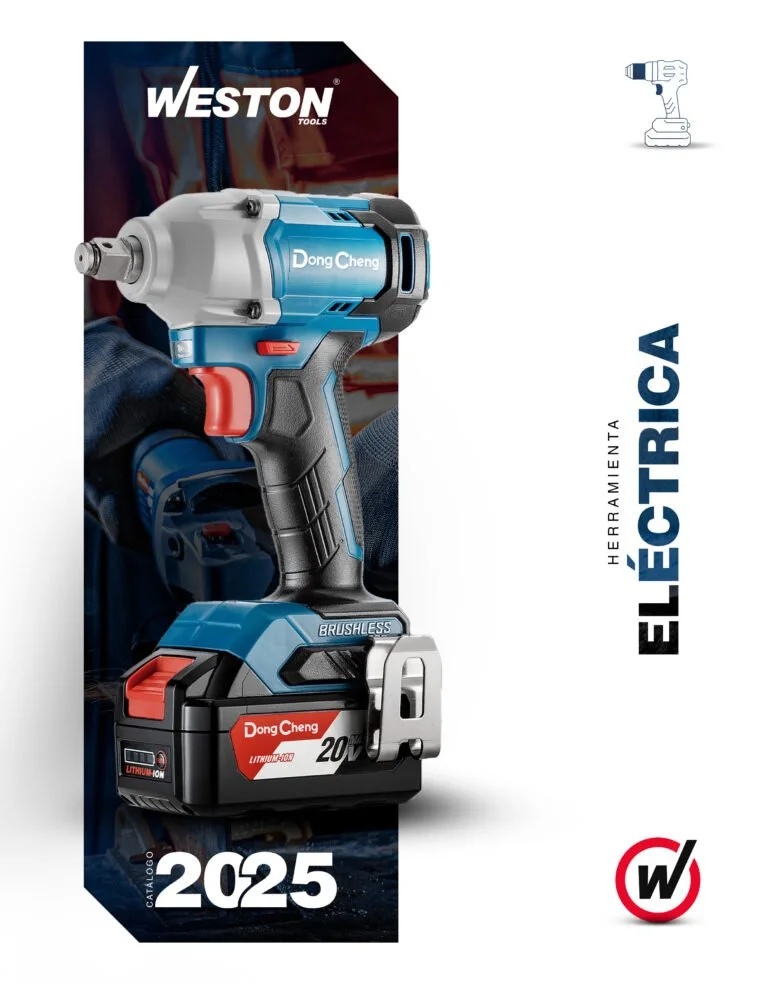 Imagen de una caja de herramienta eléctrica inalámbrica de la marca Weston Tools, modelo 2025, con una pistola de color negro, gris y rojo que muestra la marca Dong Cheng y un cartel con la palabra 'herramienta eléctrica' en español.