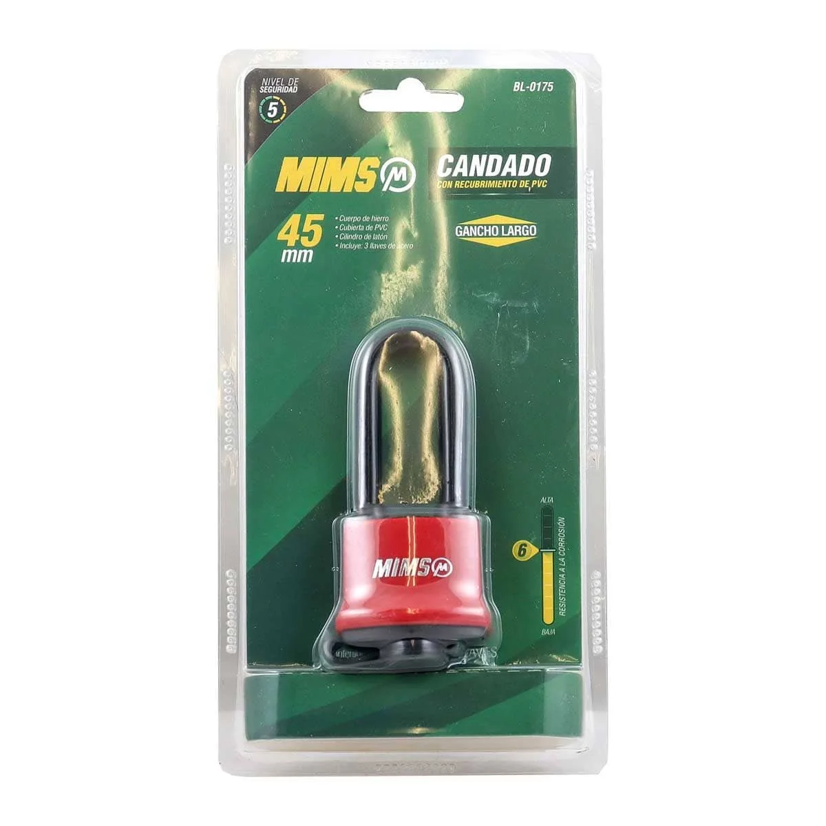 CANDADO RECUB. PVC DE HIERRO 45MM G. LARGO C/3 LLAVES / MIMS