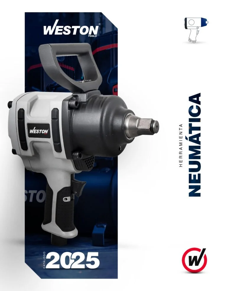 Una llave neumática de color gris y negro, marca Weston, en su empaque con fondo azul y texto en español. El catálogo es del año 2025.