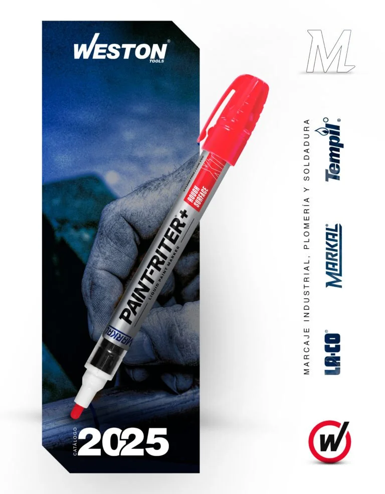 Imagen de un bolígrafo marcador de pintura negra con tapa roja, con fondo en su mayoría blanco y una sección en azul oscuro que muestra una mano usando guantes. El marcador tiene la marca 'Western Tools' y el texto 'Painter+', 'Rogue Surface', y 'Liquid Paint Marker'. Además, hay textos en el lado derecho que indican marcas como Templ, Merkle, La-Co, y los logos de la compañía.