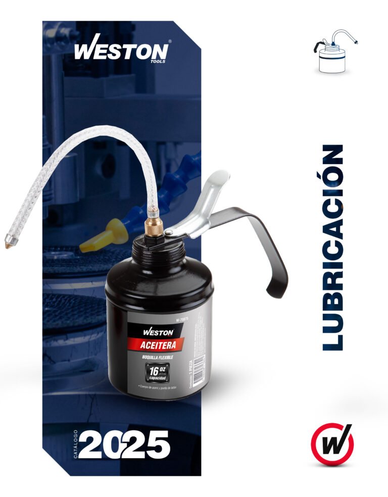 Información del producto lubricante para maquinaria, en lata negra con válvula y manguera, marca Weston, capacidad de 16 onzas, año 2025, fondo con carteles y herramientas, con texto en español y logo de Weston.