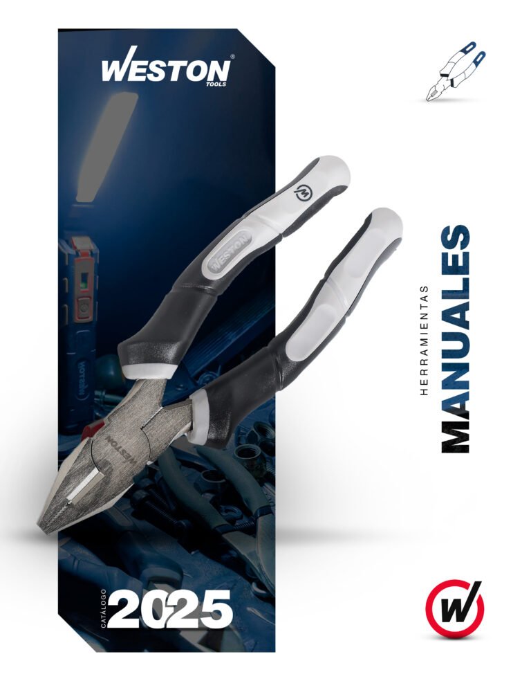 Portada del catálogo de herramientas anuales de Weston Tools 2025, con una pinza y un bolígrafo en primer plano y fondo que muestra diferentes herramientas.