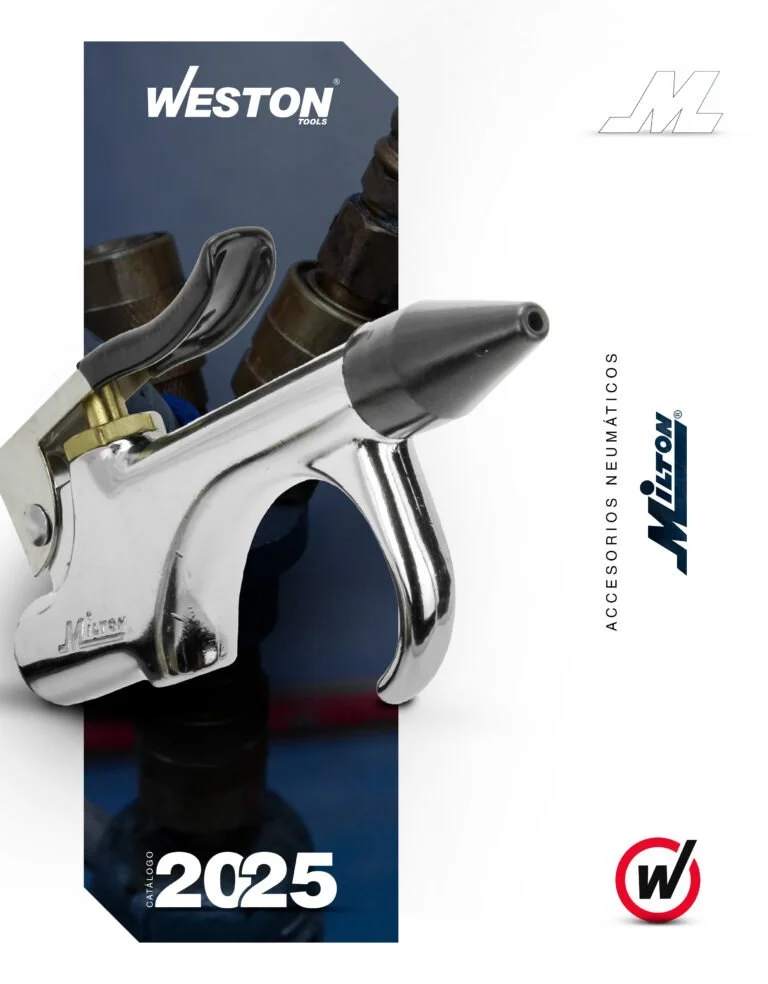 Catálogo de herramientas Weston y accesorios neumáticos de Witt para el año 2025, con una pistola de engranajes y varias partes de herramientas en el fondo.