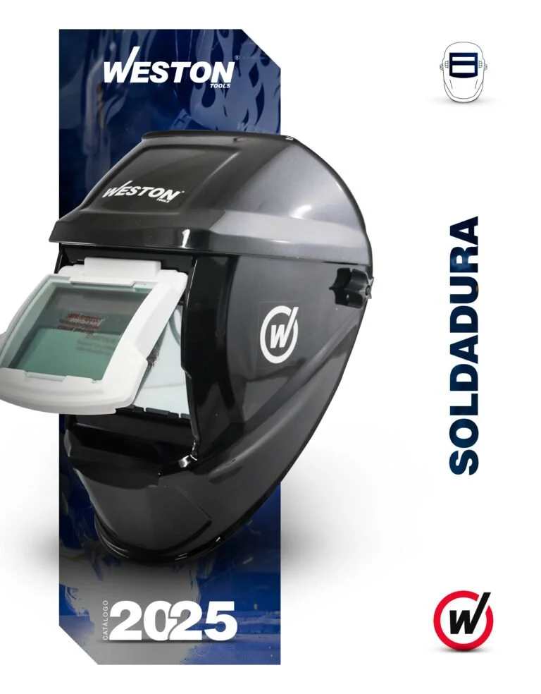 Autooscurecedor profesional de soldadura Weston con pantalla digital, en caja de catálogo del 2025.