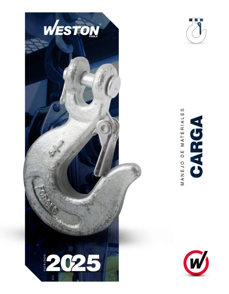 Gancho de carga de materiales de la marca Weston Tools, catálogo 2025, con fondo azul y logotipo en la esquina superior izquierda.