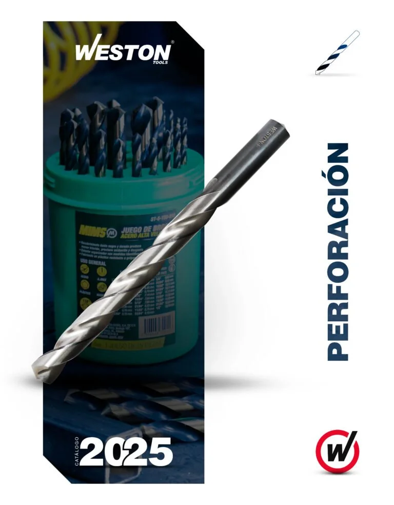 Paquete de brocas de metal para perforar con la marca Weston y la palabra 'PERFORACIÓN' en grande, año 2025 en la parte inferior, fondo con más brocas y una tubería, logo en la esquina inferior derecha.