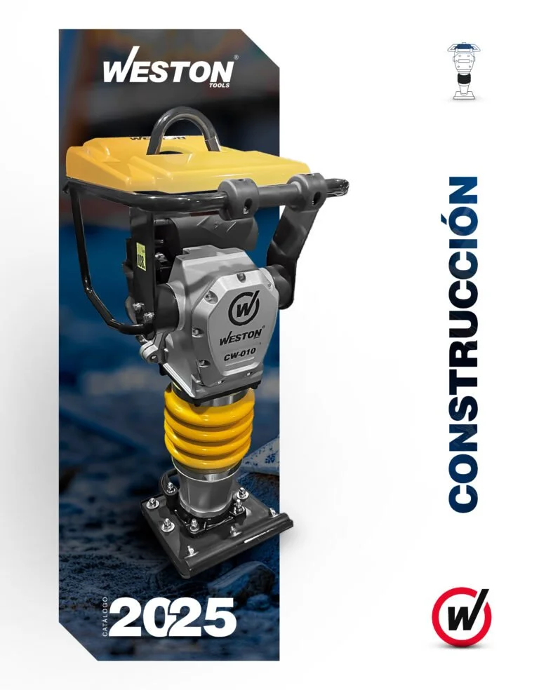 Catálogo 2025 de Weston Tools con una plancha neumática en primer plano, usado en construcción, con título en español 'CONSTRUCCIÓN'.