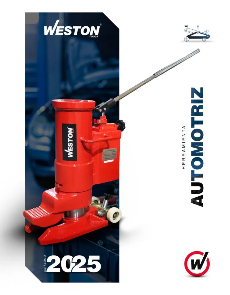 Imagen de una herramienta hidráulica de color rojo, marca Weston, destinada a la fabricación de neumáticos, con un fondo con un coche y un logotipo que dice Weston. Texto que indica que es un catálogo de 2025.
