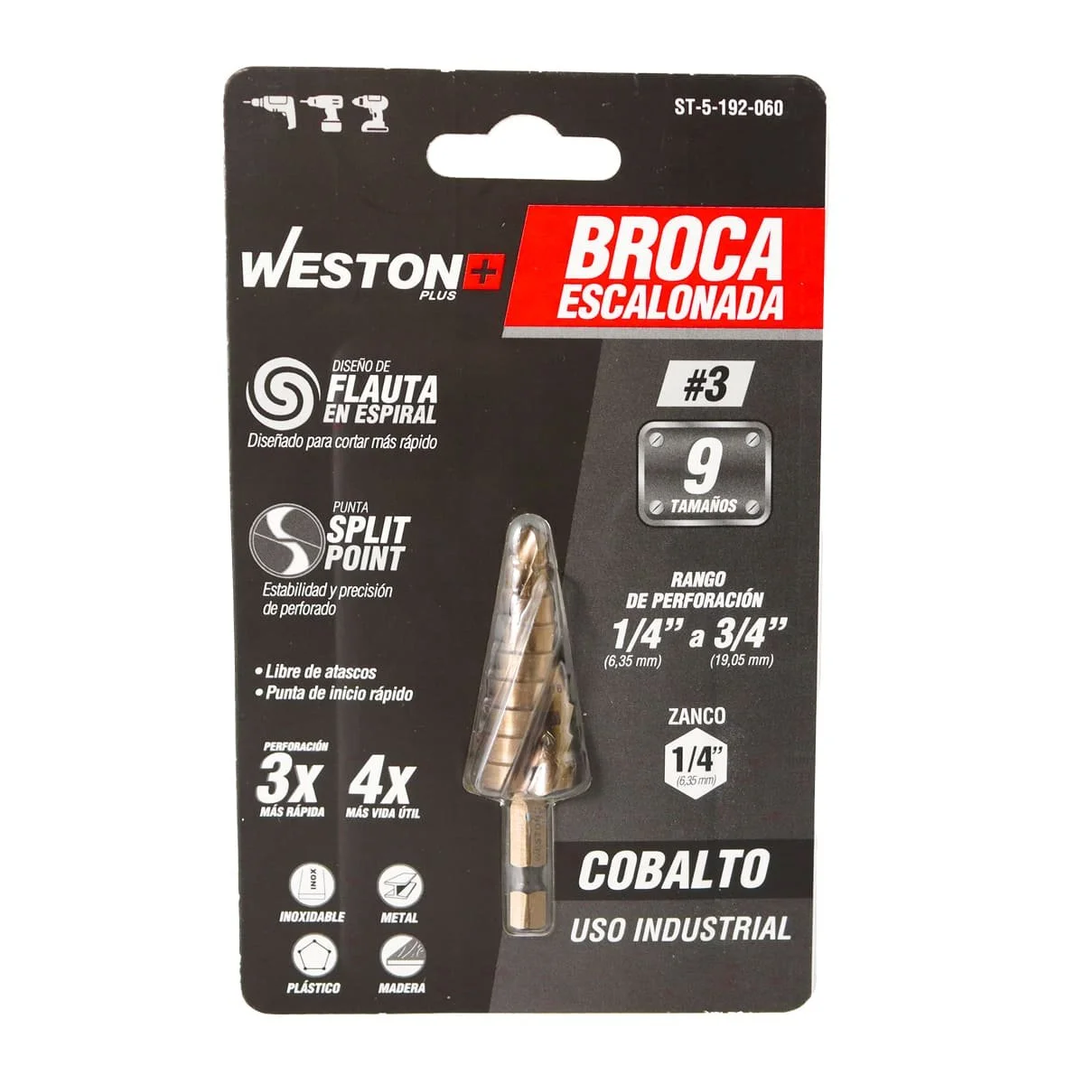 BROCA ESCALONADA ESPIRAL COBALTO #3 1/4'' - 3/4''