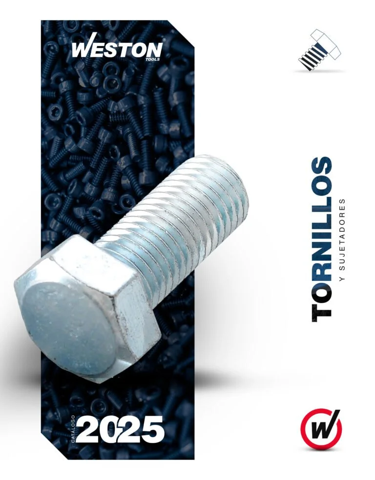 Catálogo de tornillos y sujetadores de 2025 de la marca Weston tools, con una imagen destacada de un tornillo grande y otros tornillos pequeños en el fondo.