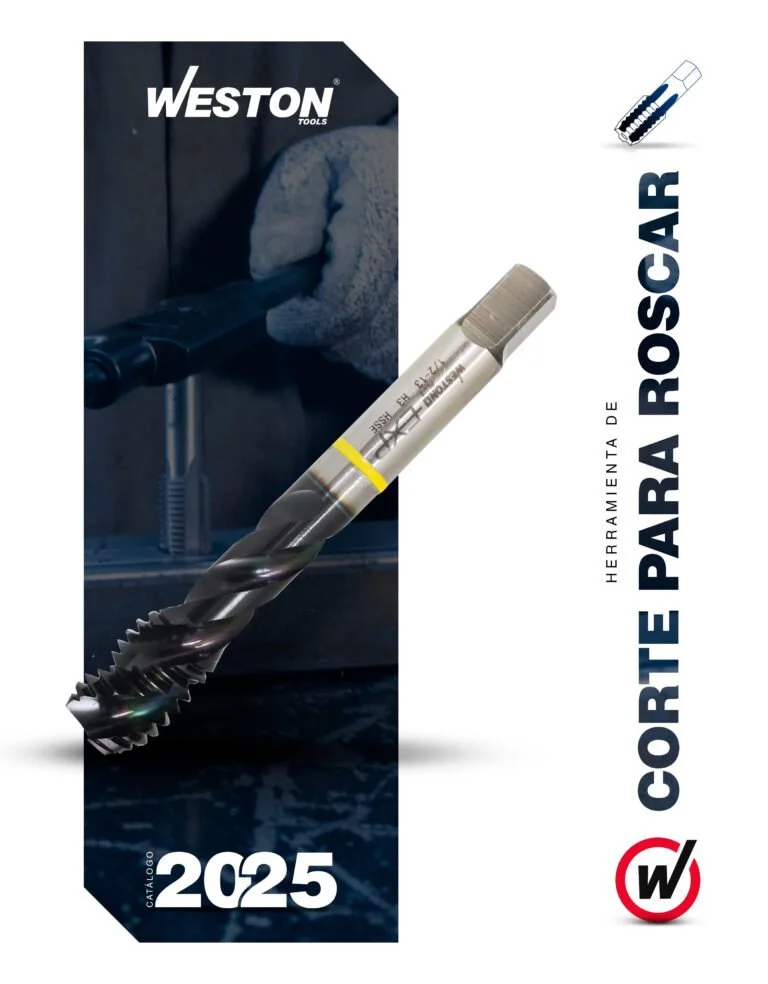 Brochure en español de herramientas WESTON para cortar roscar, para el año 2025, con imagen de una broca para roscar y una mano usando un instrumento de corte.