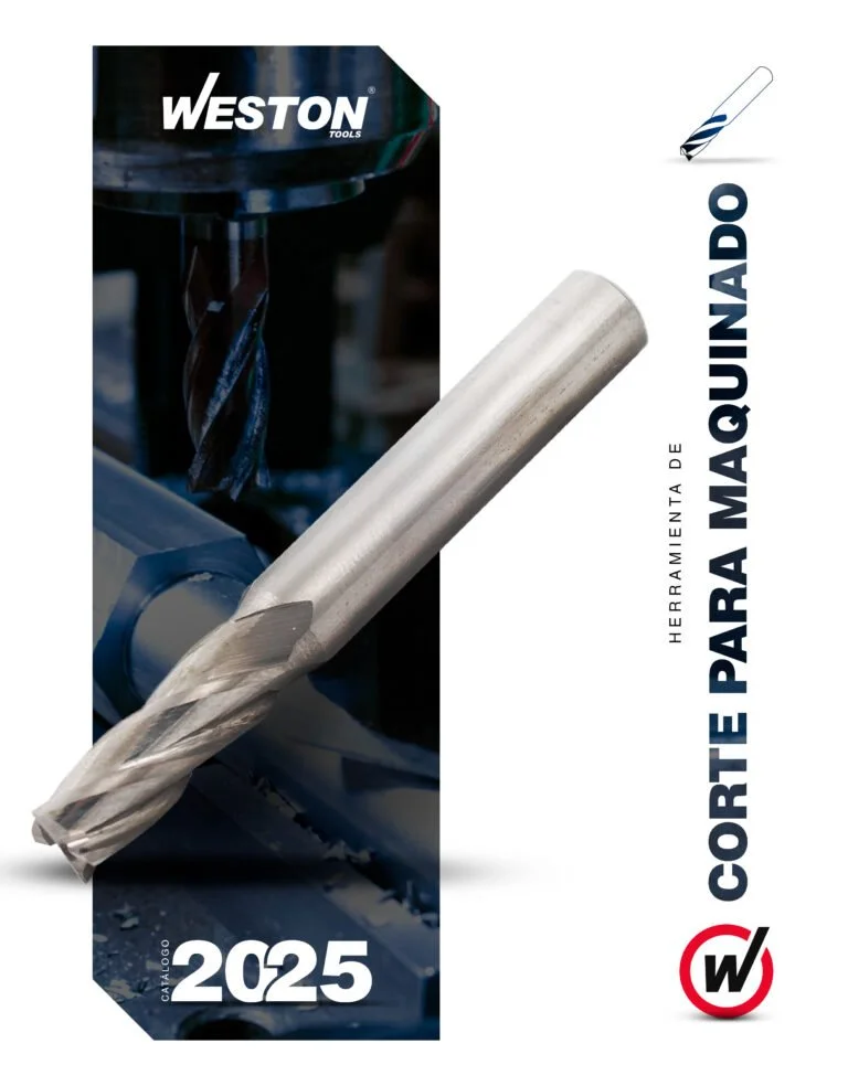 Catálogo de herramientas de corte para maquinaria de 2025, con una broca de metal en primer plano y una máquina herramienta en el fondo.