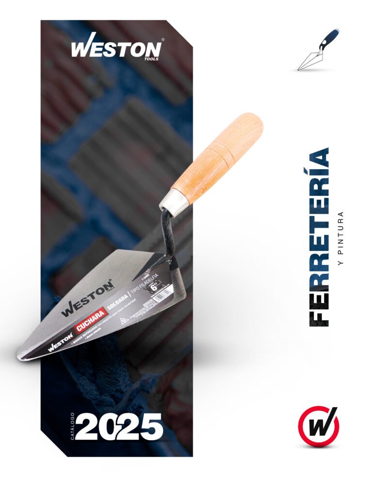 Catálogo de herramientas Weston, destacando una espátula de pintura con mango de madera, en un fondo con ladrillos y bloques, con texto en español que dice 'Ferretería y Pintura 2025'.