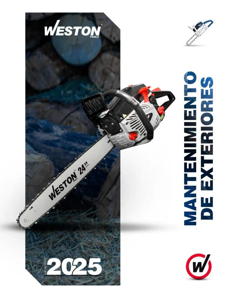 Catálogo de herramientas WESTON 2025 con una motosierra de 24 pulgadas, destacado por su tamaño y eficiencia.