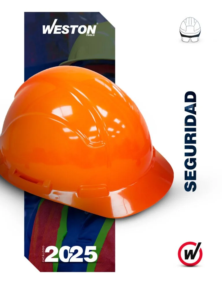 Casco de seguridad naranja en una caja con el texto 'Seguridad' y el año 2025 en letras grandes.