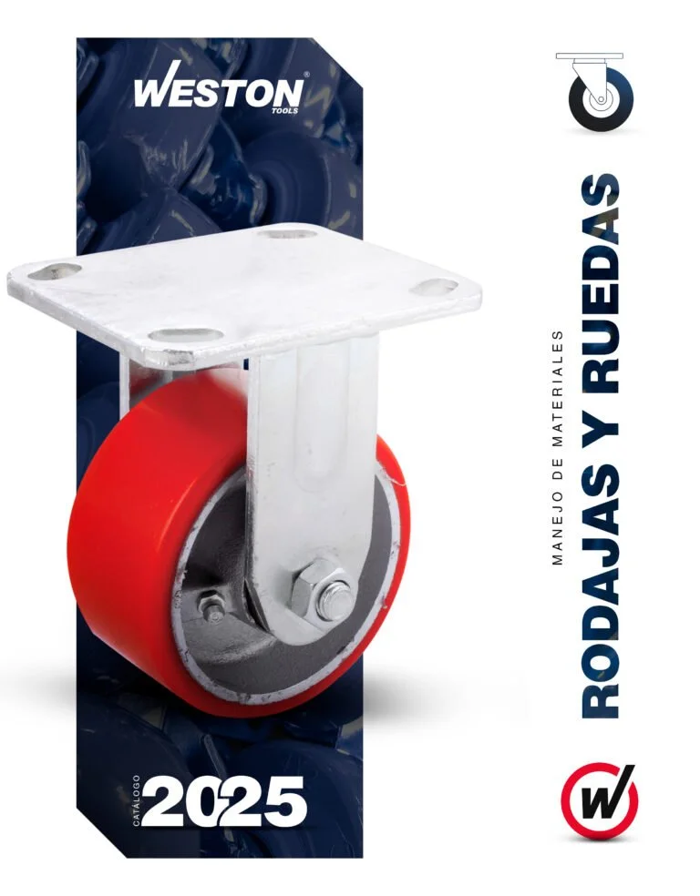 Rueda de material de caucho con soporte metálico y base plástico, ideal para mover objetos pesados